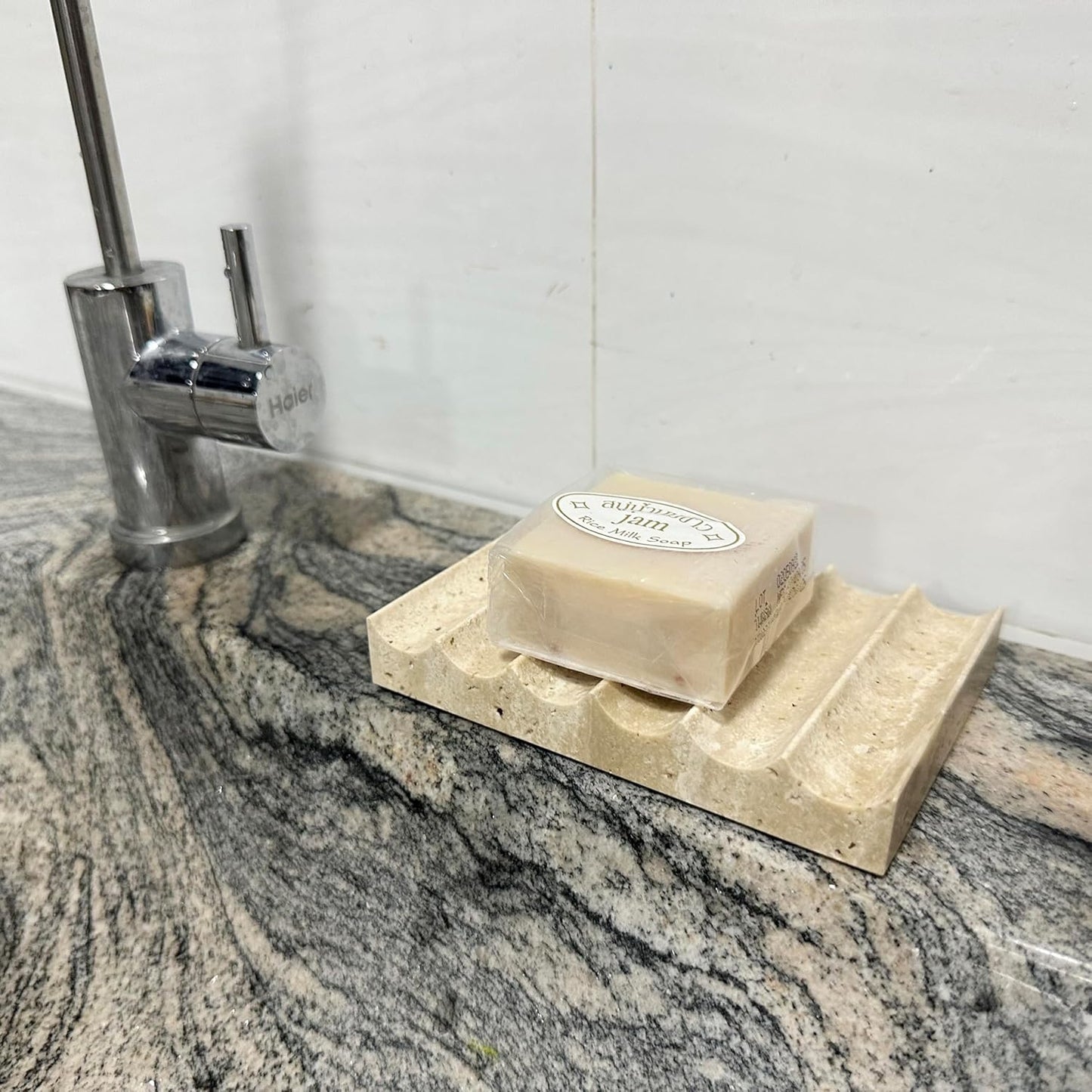 Luxury Travertine Soap Dish Marble Jewelry Ring Tray - Rectangle Marble Soap Tray & - Self Draining Soap Holder for Bathroom, Kitchen, Beige Travertine
