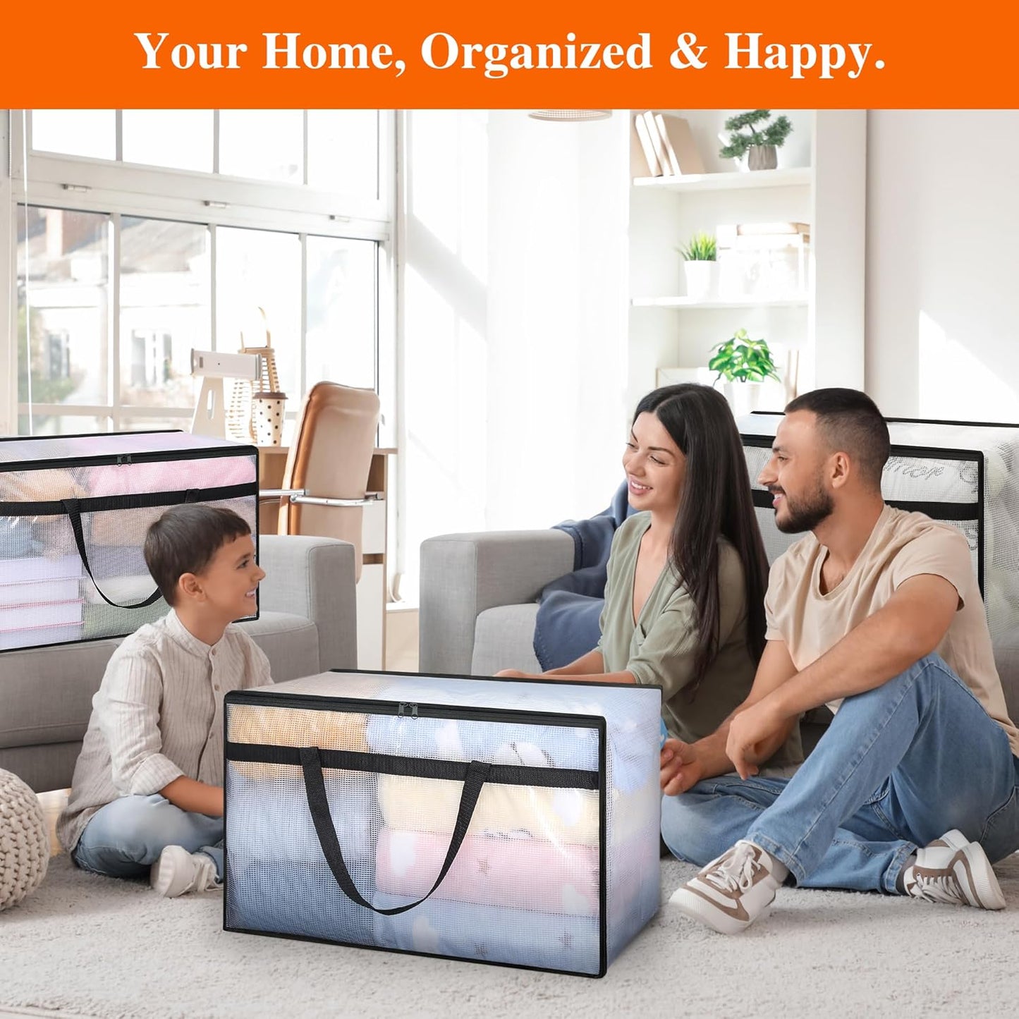 Vieshful 3 Pack 60L Clear Clothes Storage Bags with Zipper and Handles, Large Plastic Organizers for Comforter Clothes Bedding Blankets Duvets Pillow Toys & Moving