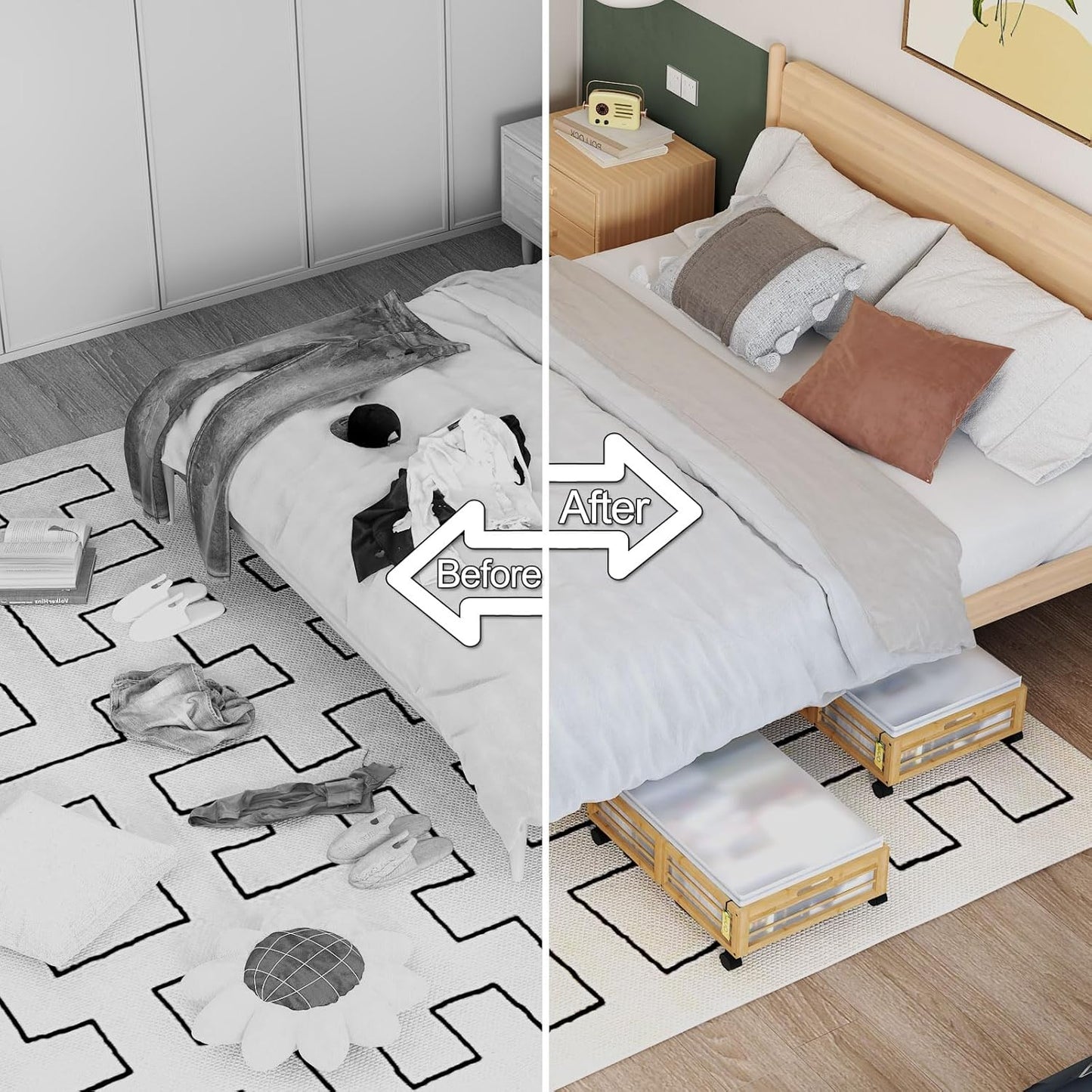 Under Bed Storage Containers with Wheels, Larger Bamboo Wood Under Furniture Storage Containers with Dust Bags๏ผRolling for Shoes Clothes