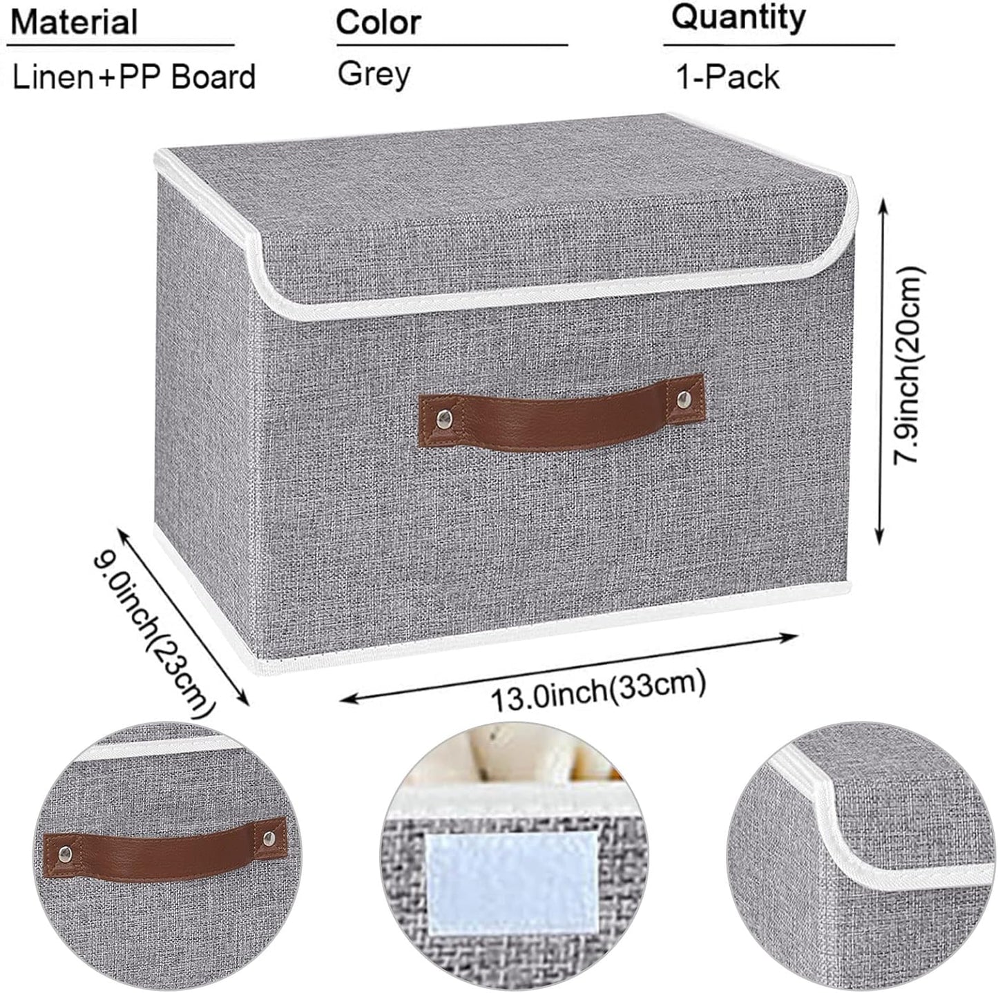 Yawinhe Collapsible Storage Boxes, Foldable Bin with Lids, Cube Clothes Organizer Basket with Handles, Grey, 13.0''Lx9.0''Wx7.9''H, 1-Pack, SNK024GS-1