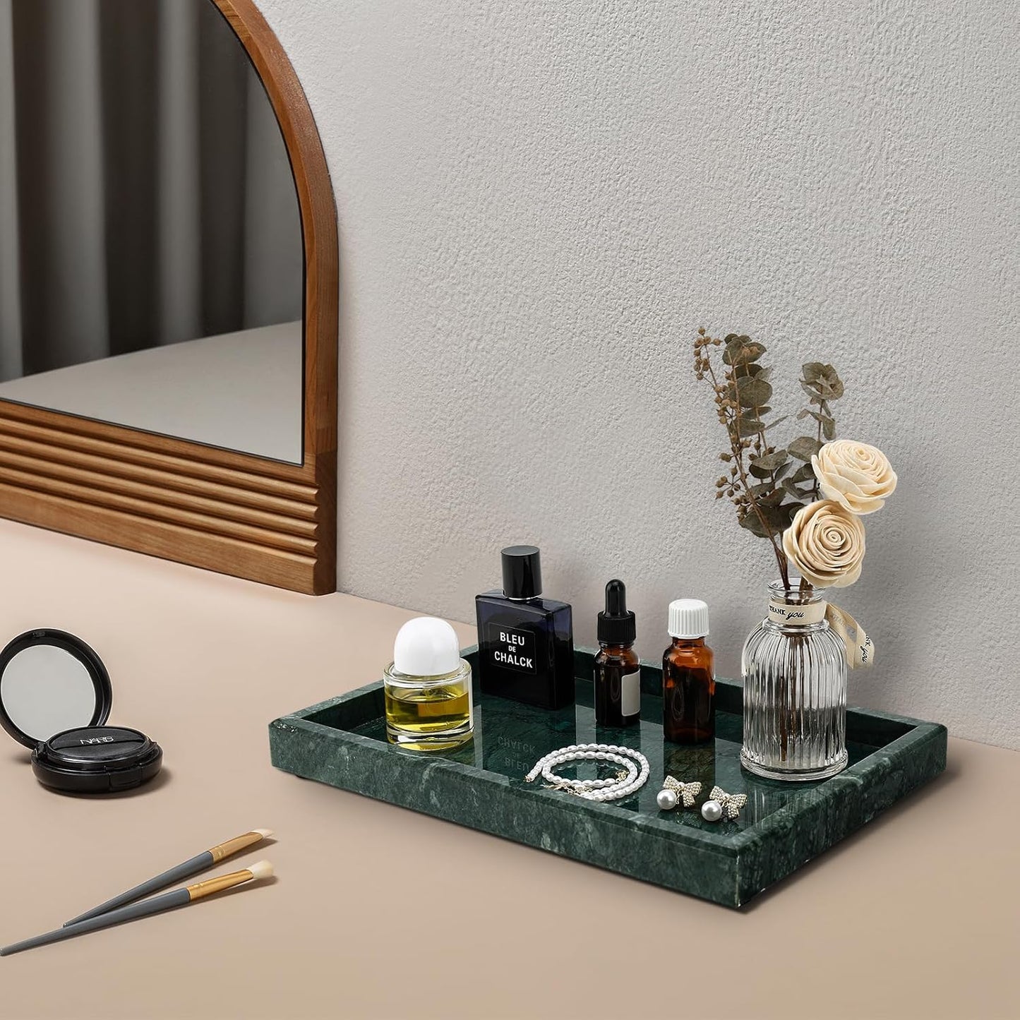 Real Natural Marble Tray for Bathroom, Vanity, Kitchen and Desktop, Rectangle Genuine Marble Stone Tray for Jewelry, Cosmetics, Candles, Lotion, Perfume and Home Decor