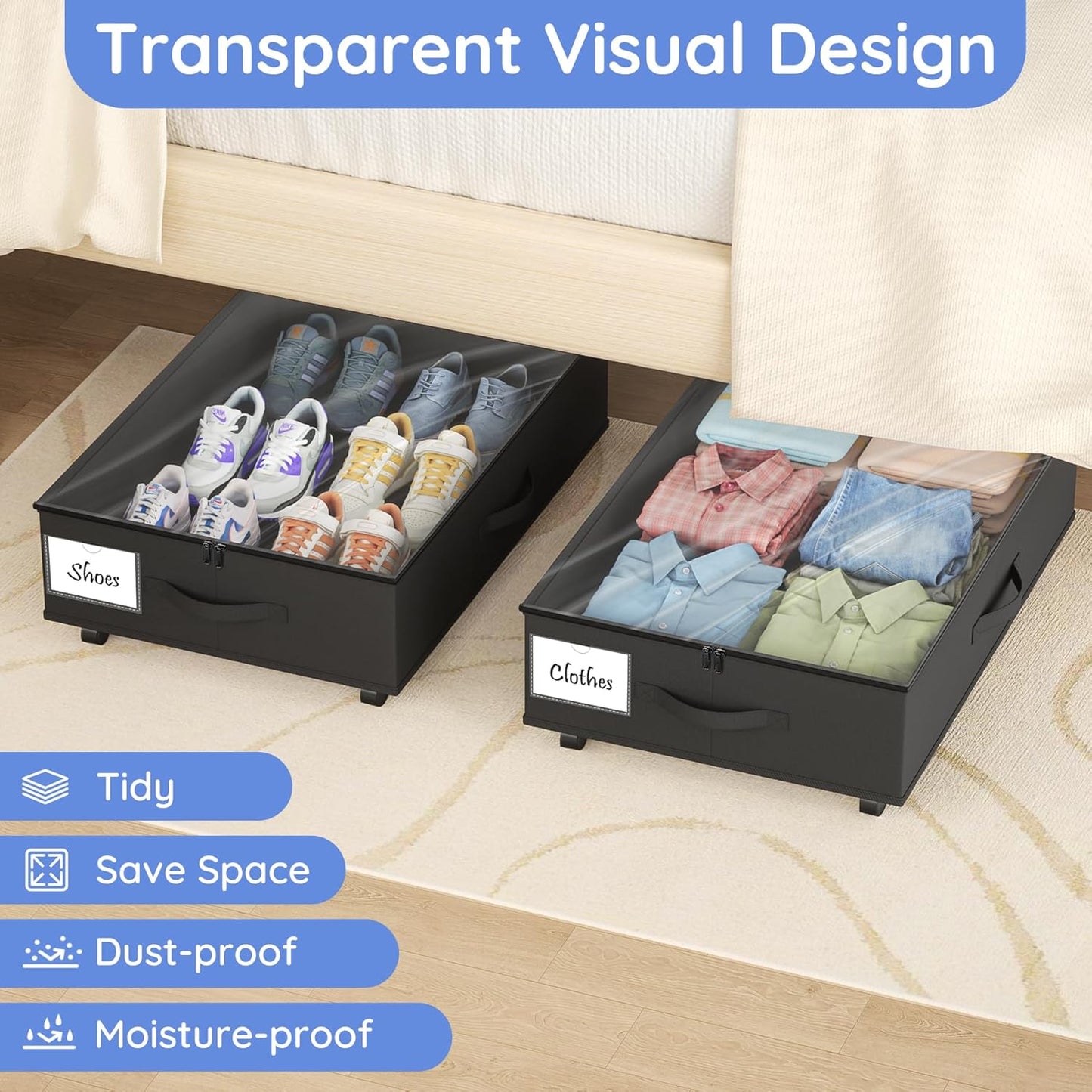 Under Bed Storage with Wheels, 4-Pack Under Bed Storage Containers with Clear Lids, Under the Beds Storage Organizer Bins With Handles, Under Bed Drawer for Clothes, Shoes, Books, Toys