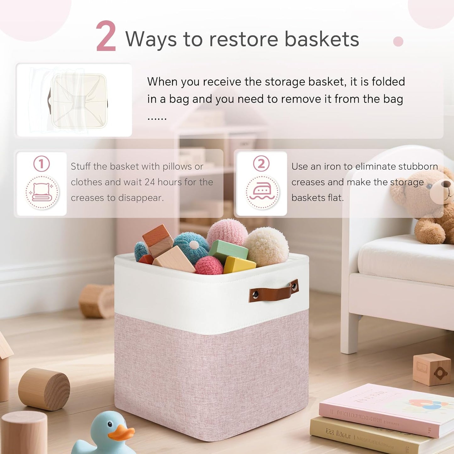 Cube Storage Baskets 6 Pack, 11x11 inch Foldable Cube Storage Bins with Leather Handles for Shelf Closet Nursery Toys (White/ Pink)