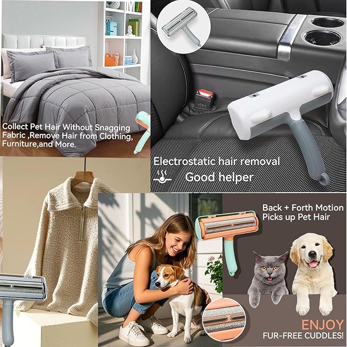 Pet Hair Remover & Lint Roller - Removes Cat/Dog Hair from Car Interiors, Furniture, Couches, Carpets, and Bedding - Reusable & Washable Animal Fur Removal Tool for Pet Owners (White&Gray)