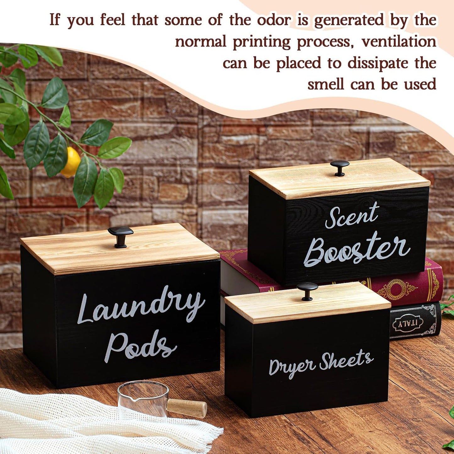 Dandat 3 Pcs Dryer Sheet Holder Laundry Pod Holder Scent Booster Container Set with Scoop Rustic Wood Dryer Sheet Container Laundry Beads Dispenser for Storage(Black)
