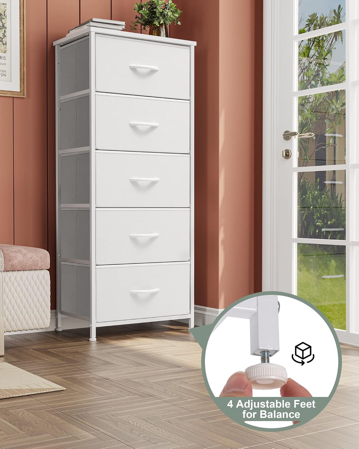 Crestlive Products Tall Dresser Vertical Storage Tower - Sturdy Steel Frame, Wood Top, Easy Pull Fabric Bins - Organizer Unit for Bedroom, Hallway, Entryway, Closets - 5 Drawers(White)