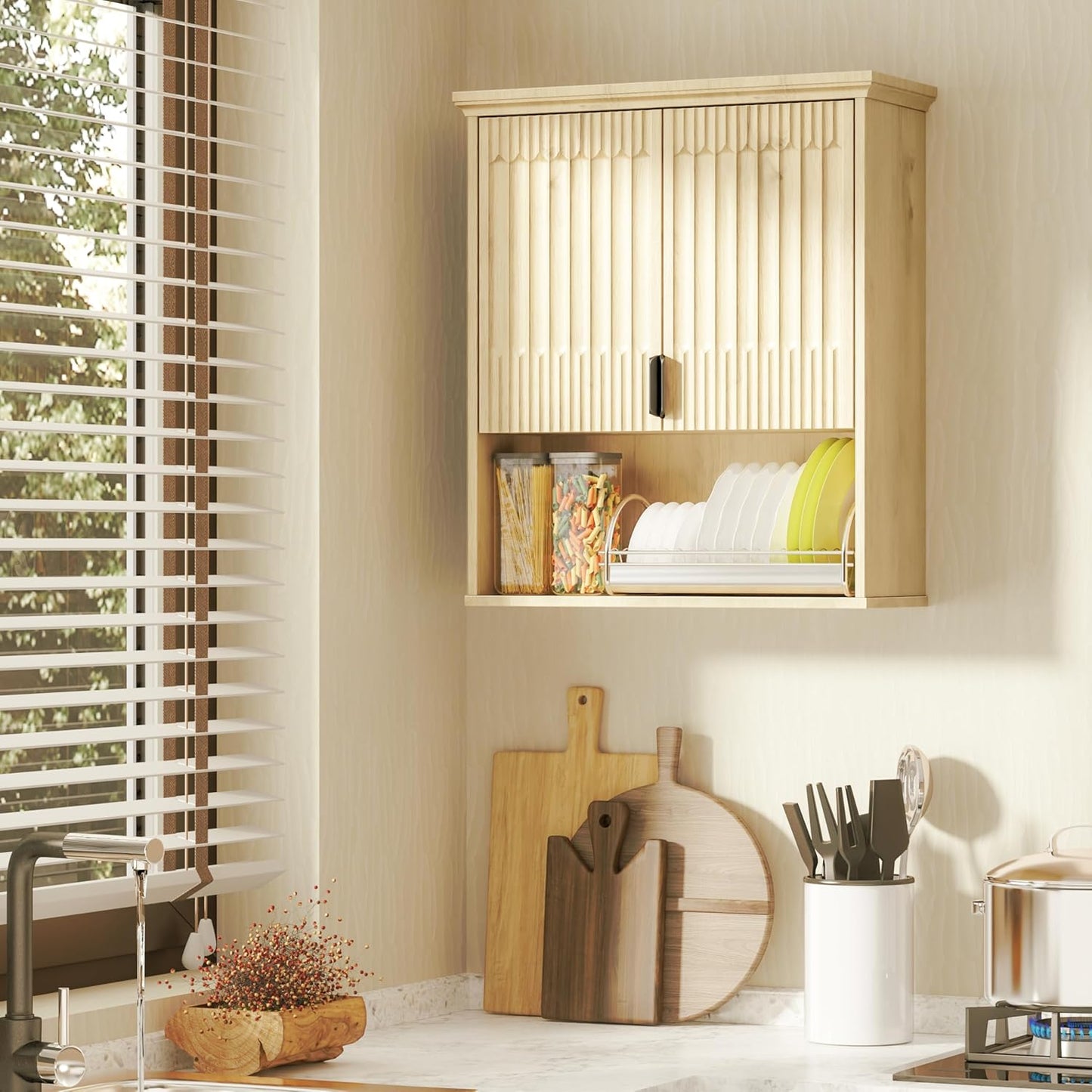 FLOWBACK Wall Mount Bathroom Cabinet, Wooden Medicine Cabinet Storage Organizer with Fluted Doors and Adjustable Shelf, Over The Toilet Space Saver Storage Cabinet