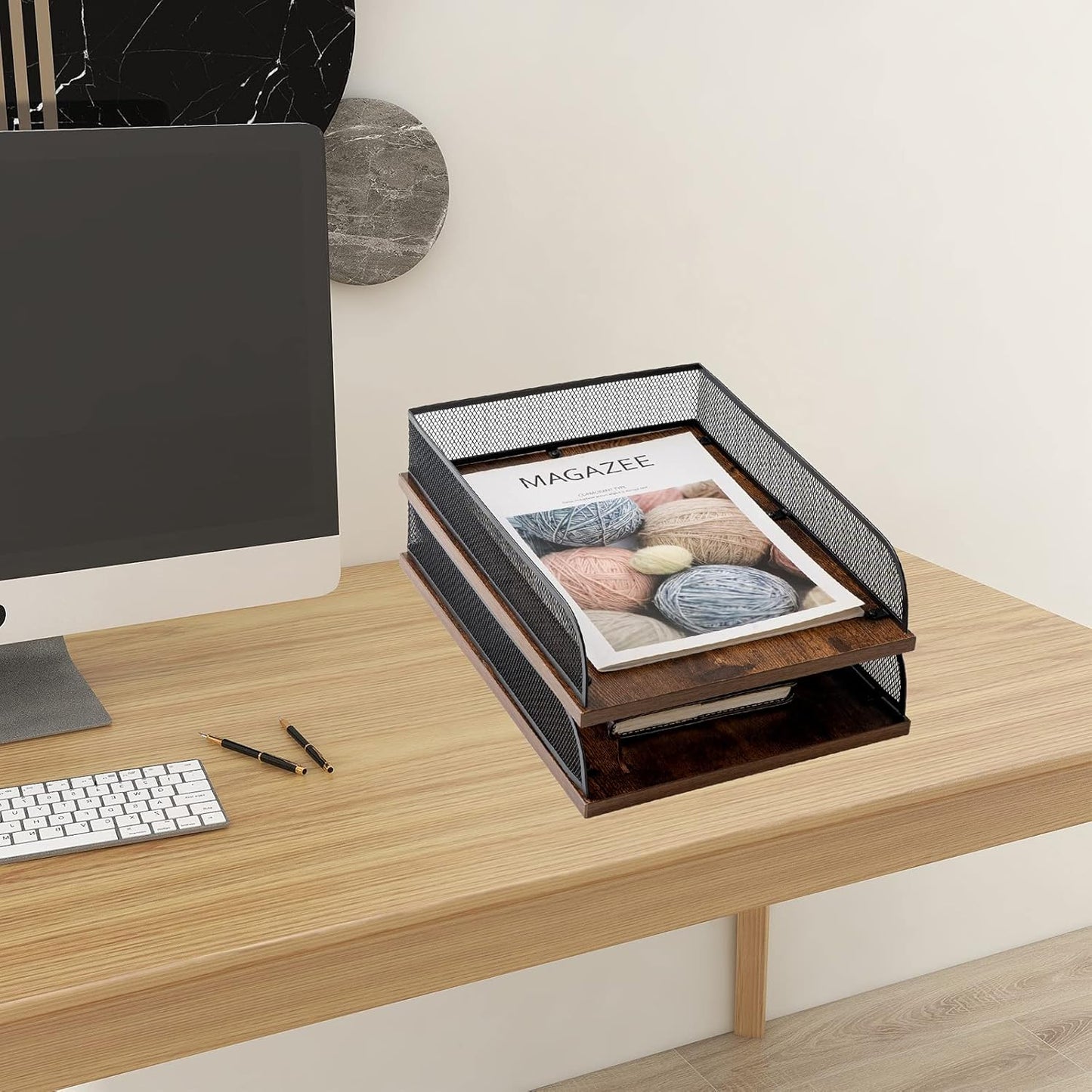 Set of 2 Vintage Wood & Metal Letter Tray,Desk Organizers Paper Tray,Office File Organizer(Black)