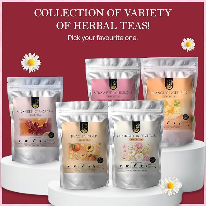 Tealeaf & Co. Chamomile Rose Citrus Herbal Tea Bags - Organic Chamomile Tea Bags with Rose Petals, Orange Peel, Lemon Grass, Hibiscus & Mint Leaves - Low Caffeine - Gluten Free - 50 Teabags