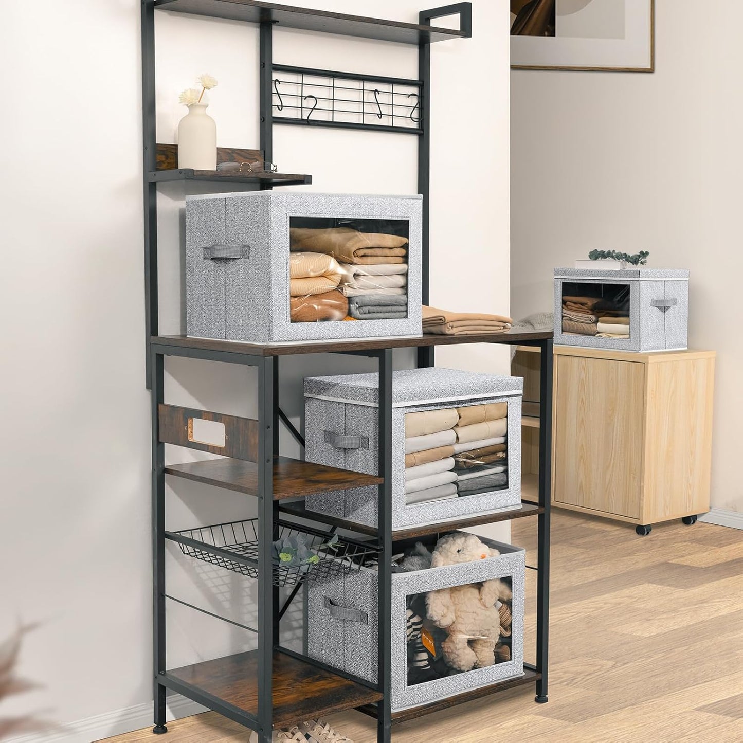 Stackable Storage Bins with Lids - Medium Storage Box with Lids, Foldable Closet Boxes for Organizing, Wardrobe Clothes Organizer with Window, Cubes Bins for Living Room, 5 Pack, Blended