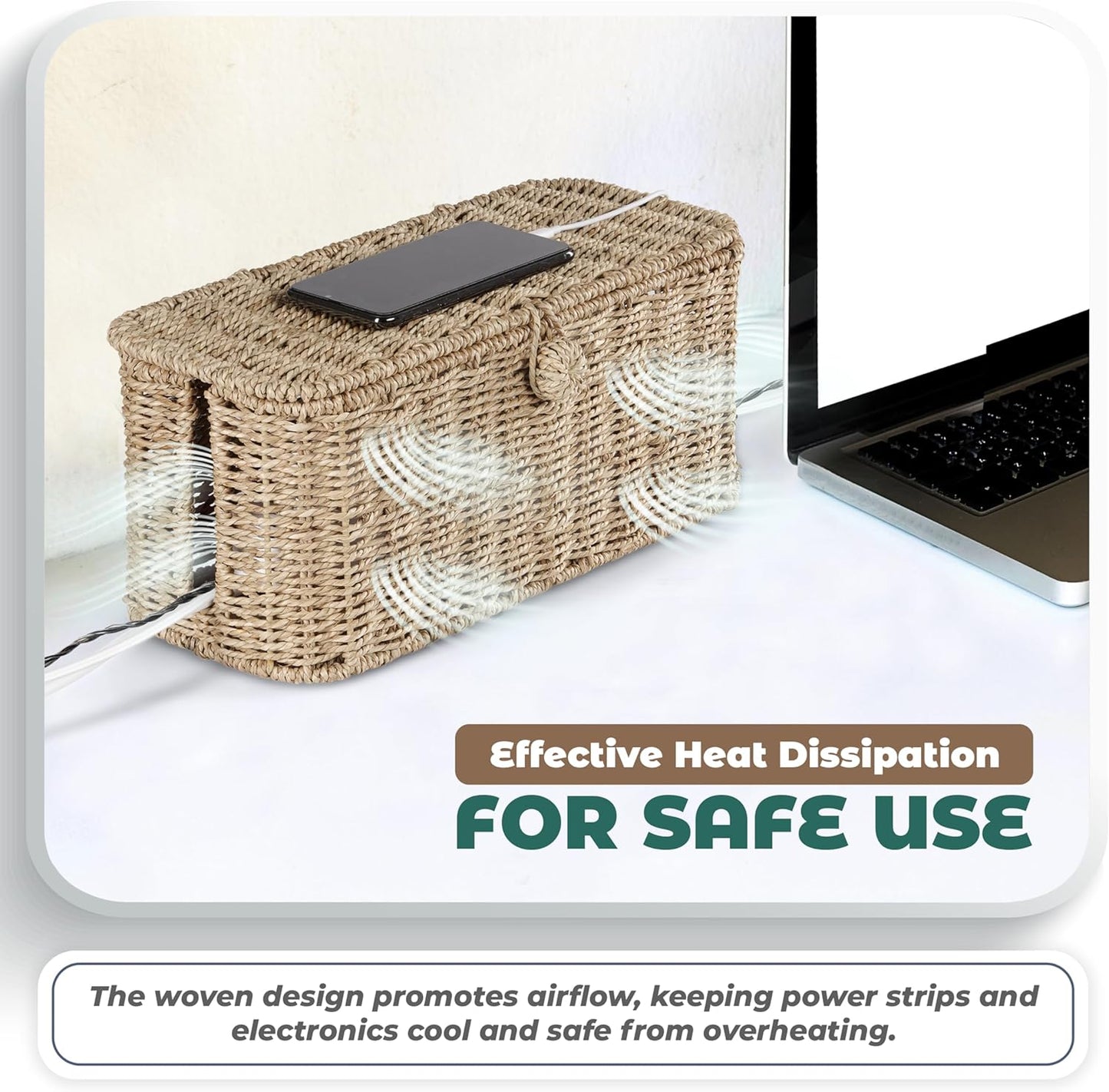 BLUEWEST Large Cable Management Box, Natural Rattan Cable Cord Organizer Boxes for Power Strip ā 2 Open Slots Cords Hider Box for TV Wires, Computer, Router, USB Hub and Under Desk Power Strip