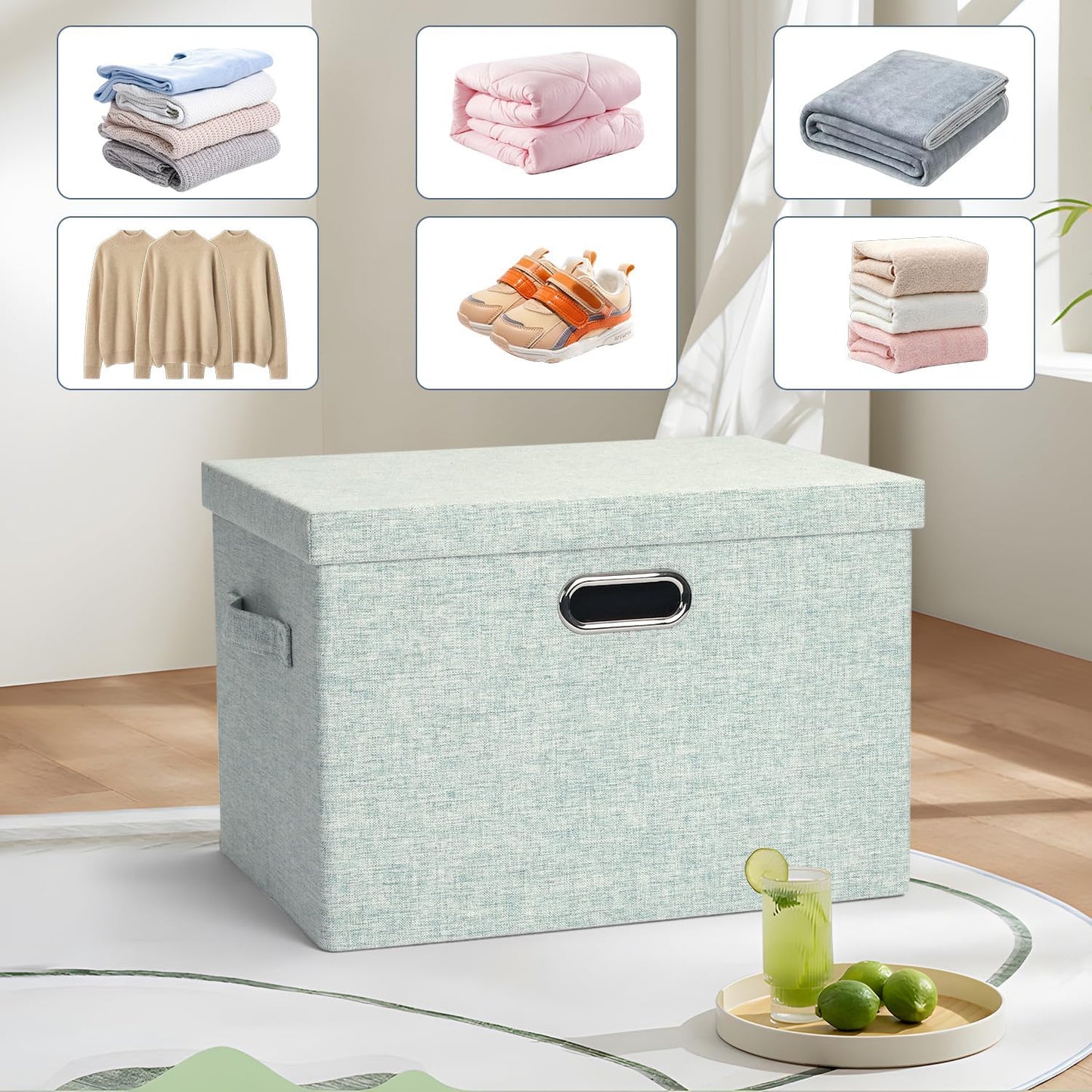 Large 17" 36 Quart Collapsible Stackable Storage Bins with Lids, 3 Packs Light Green Linen Fabric Closet Boxes with Lids, Storage Cube Baskets Container Organizers for Office (17x12x11)