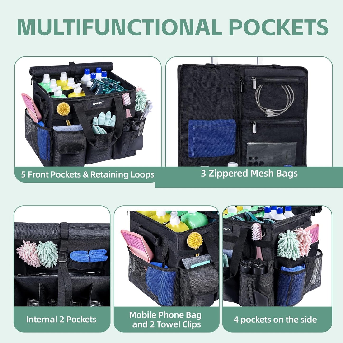 Large Rolling Cleaning Caddy Bag with Wheels, with Detachable Trolley, Cleaning Bags on Wheels for Housekeepers, Cleaning Cart Supplies Organizer for Home, Car, Picnic (Black)