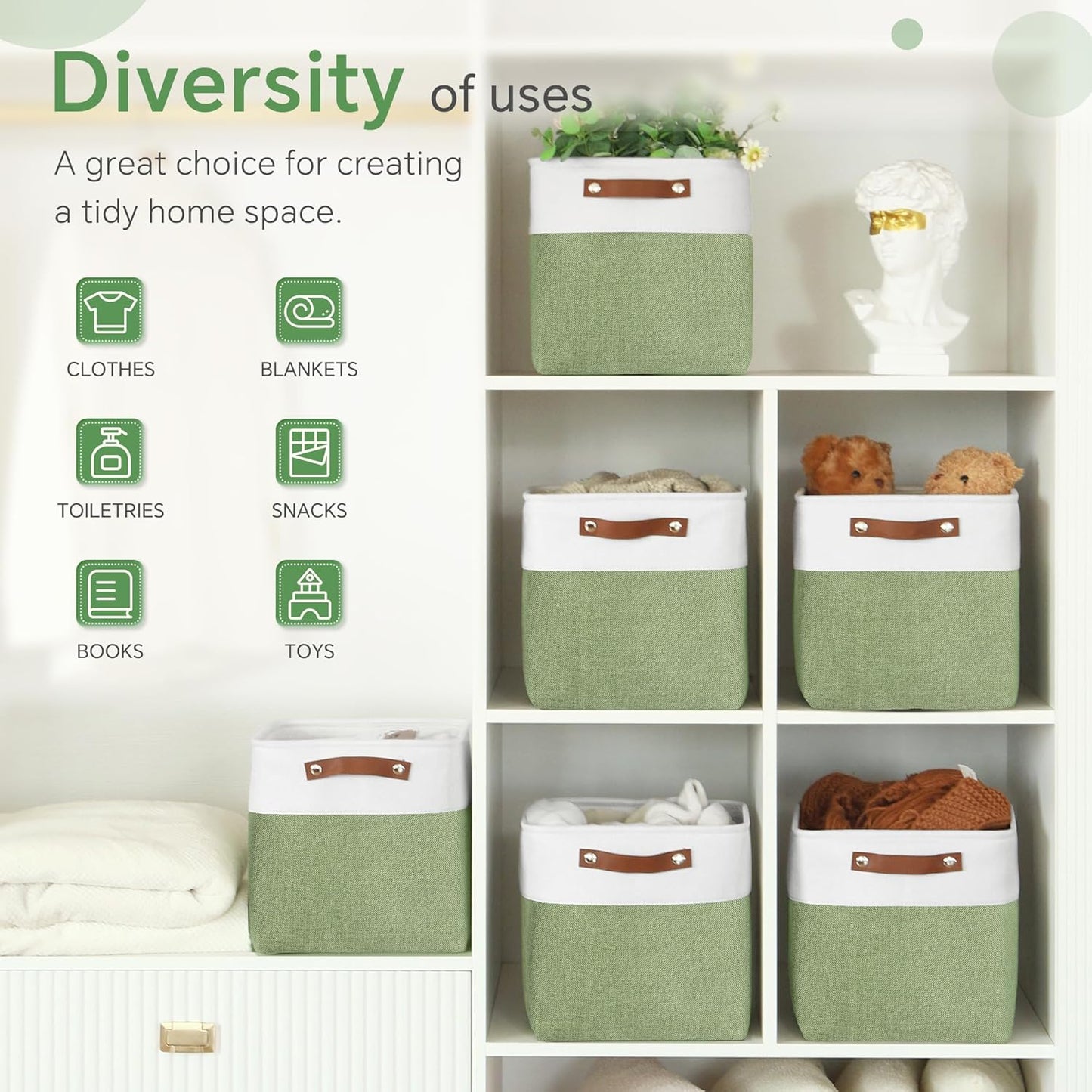 Cube Storage Baskets 6 Pack, 11x11 inch Foldable Cube Storage Bins with Leather Handles for Shelf Closet Nursery Toys (White/ Green)