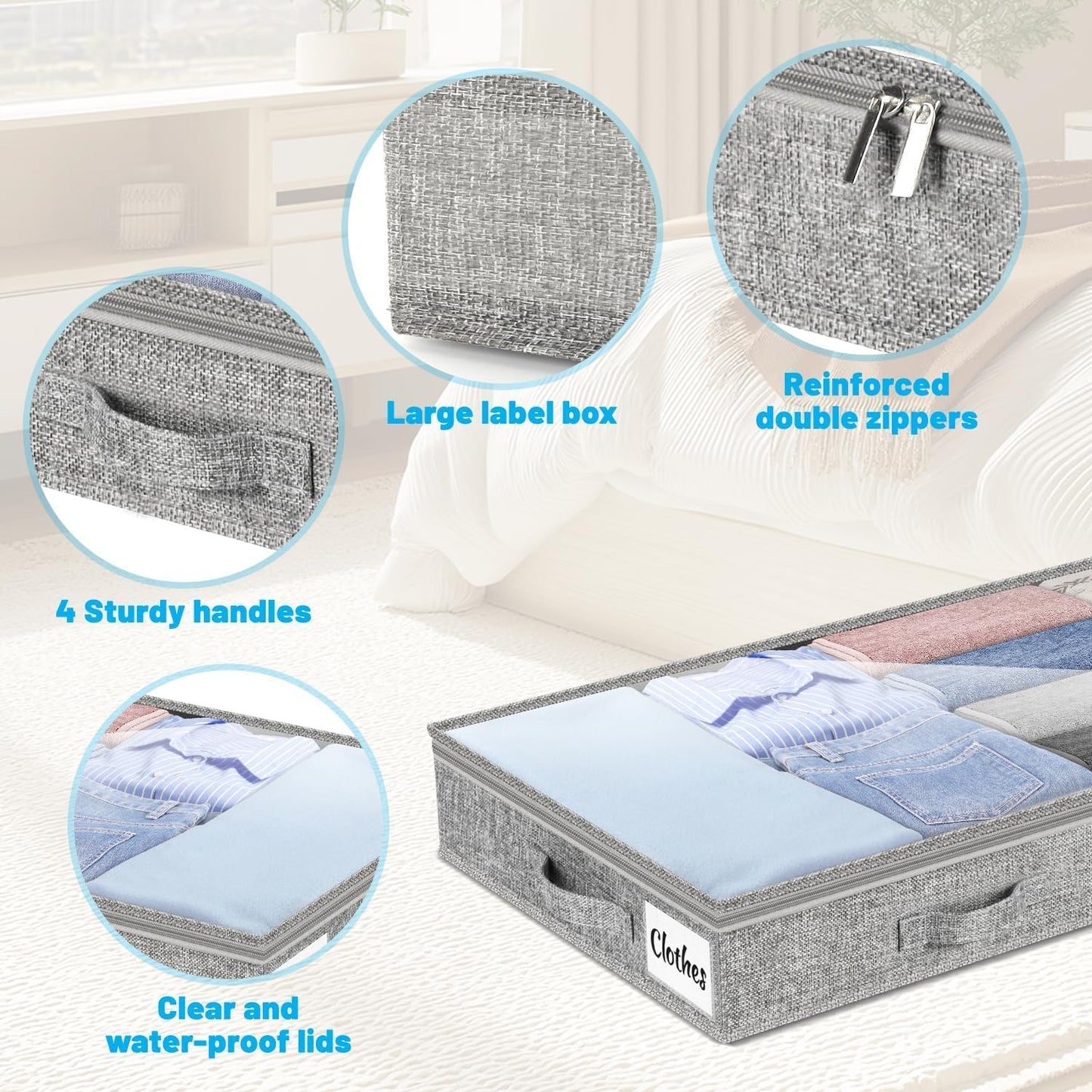 4 Inch Low Profile Under Bed Storage Drawer 2 Pack, Lightweight Underbed Clothes Storage Container Bins with NO STURCTURE, Shallow Storage Bag for Dorm & Home, With Clear Lids and Waterproof Fabric