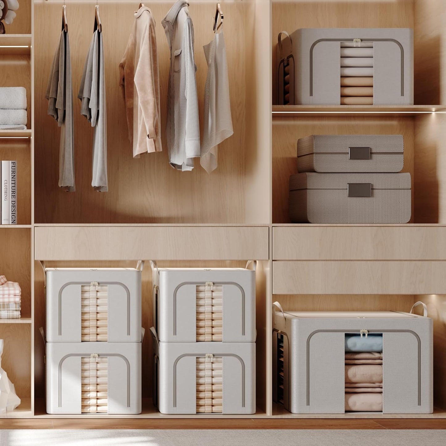 Pinkpum 3 Pack Clothes Storage Bins with Metal Frame, Closet Organizers and Storage Boxes, Stackable & Foldable Clothes Organizer Bags with Large Clear Window & Long Carry Handles, Grey Pattern 66L