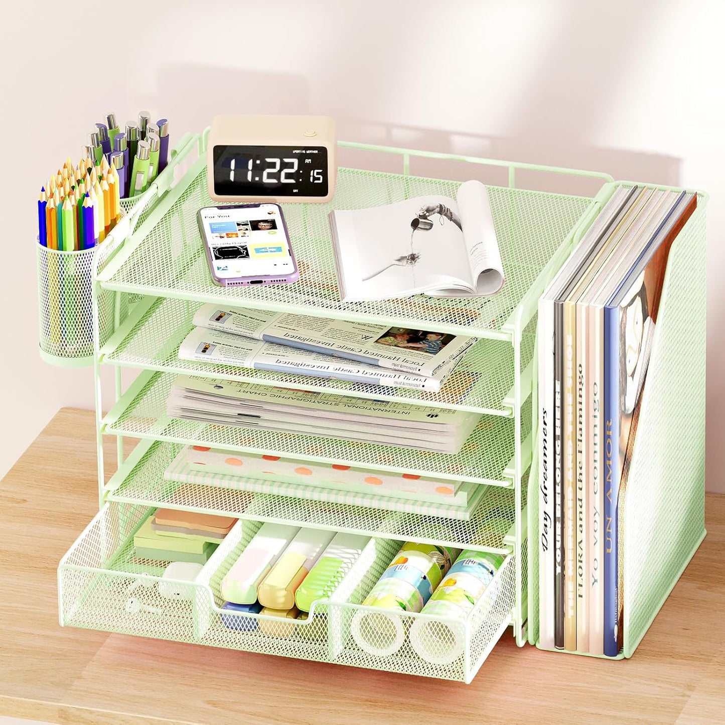 Desk Organizers and Accessories with File Holder, 5-Tier Office Desk Accessories & Workspace Desktop Organizer with Drawer and 2 Pen Holder, File Paper Organizer for Office Supplies(Green)
