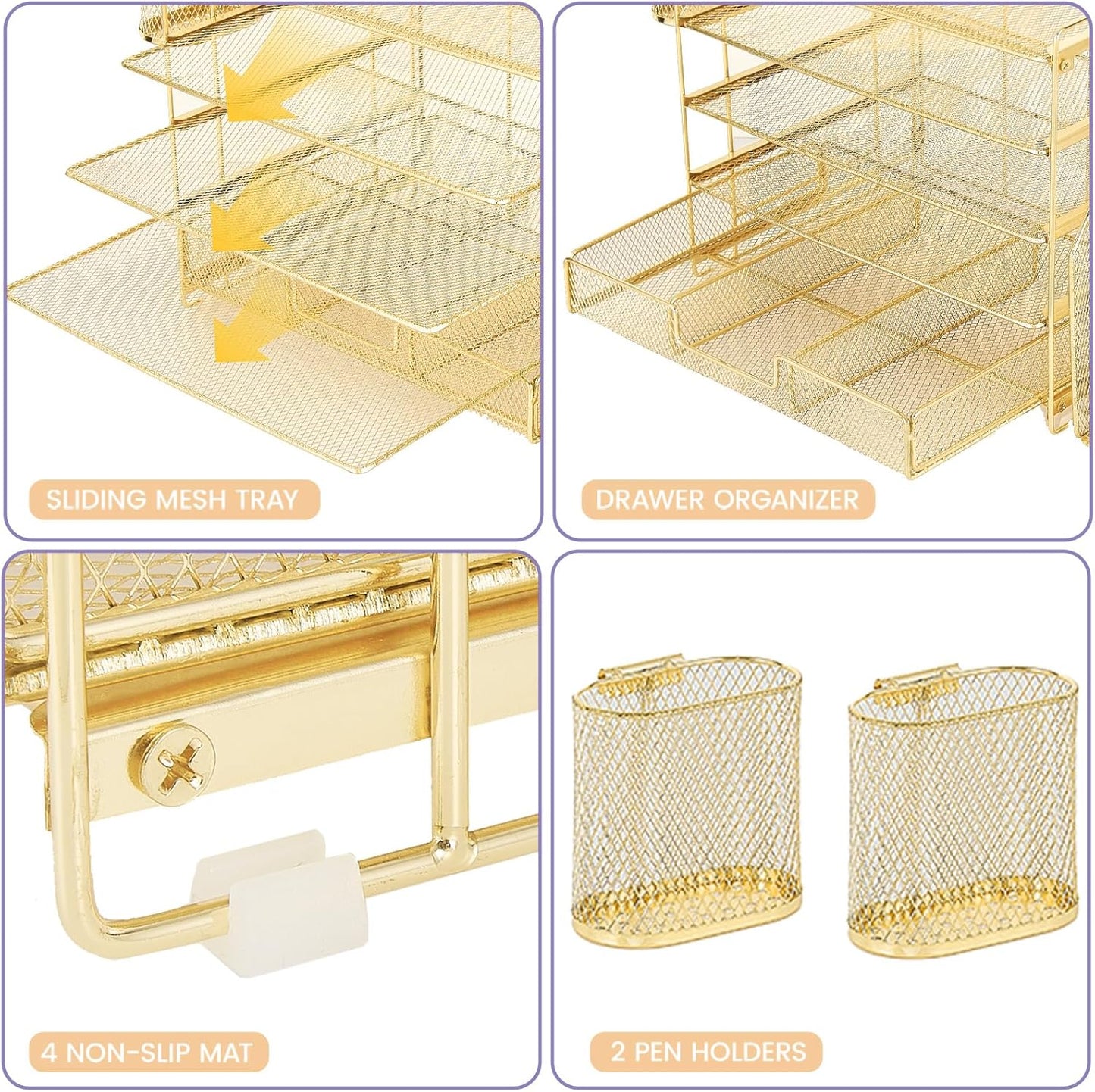 Desk Organizers and Accessories with File Holder, 5-Tier Office Desk Accessories & Workspace Desktop Organizer with Drawer and 2 Pen Holder, File Paper Organizer for Office Supplies(Gold)