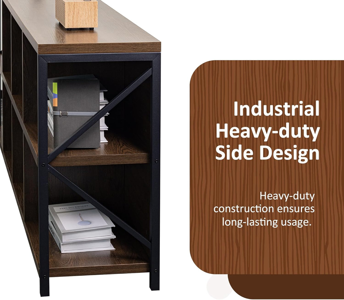 8 Cube Storage Organizer Bookshelf, Industrial Horizontal Bookcase, Accent Cubby Shelf, Media Console Table for Living Room, Home Office, 63 Inches, Brown Walnut