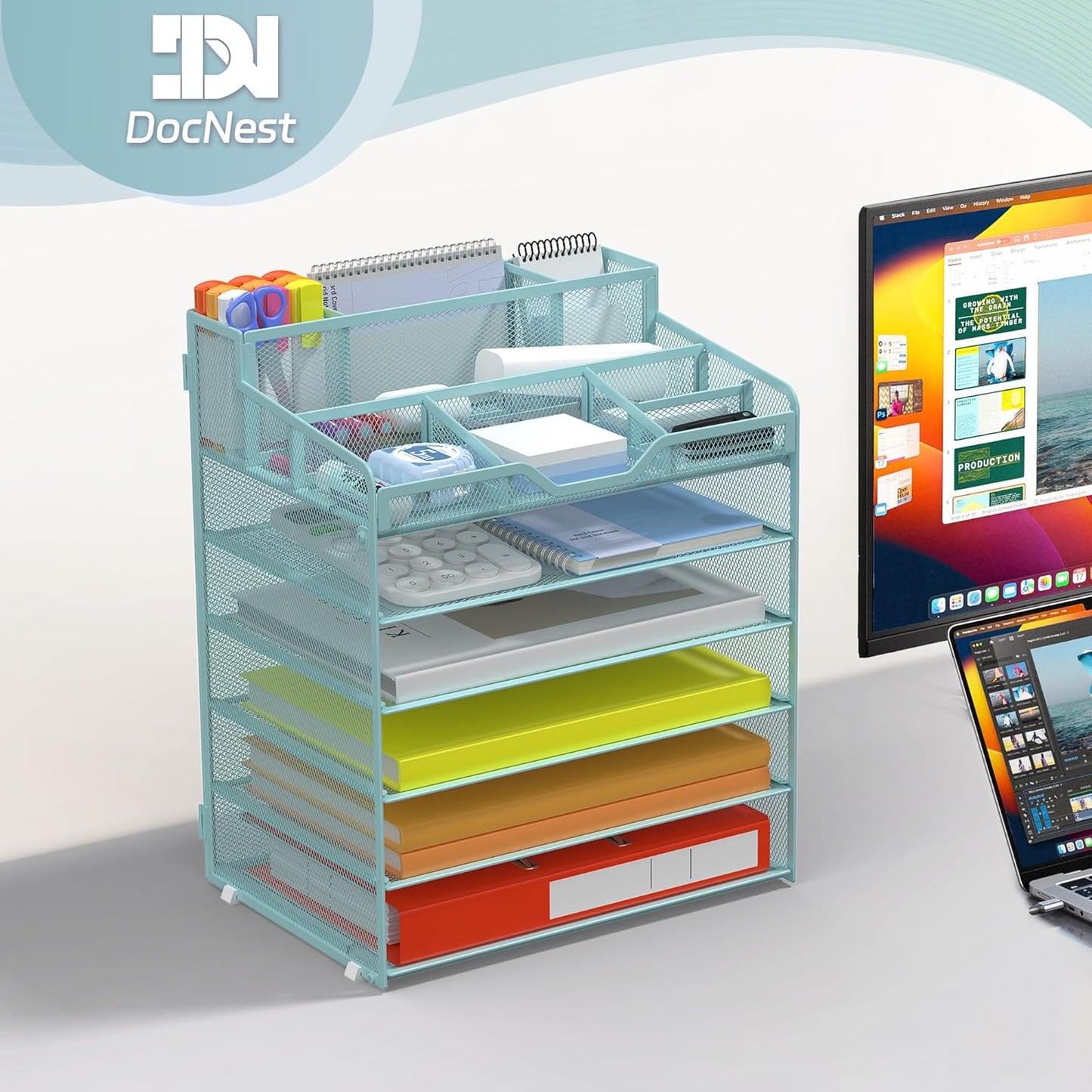 Docnest 6 Tier Mesh Desk Organizer for Paper Office Supplies – Multi-Functional Letter Tray with 5 Adjustable Compartments, 3 Pen Holders, Desktop Storage for Files, Mail, Stationery – Blue