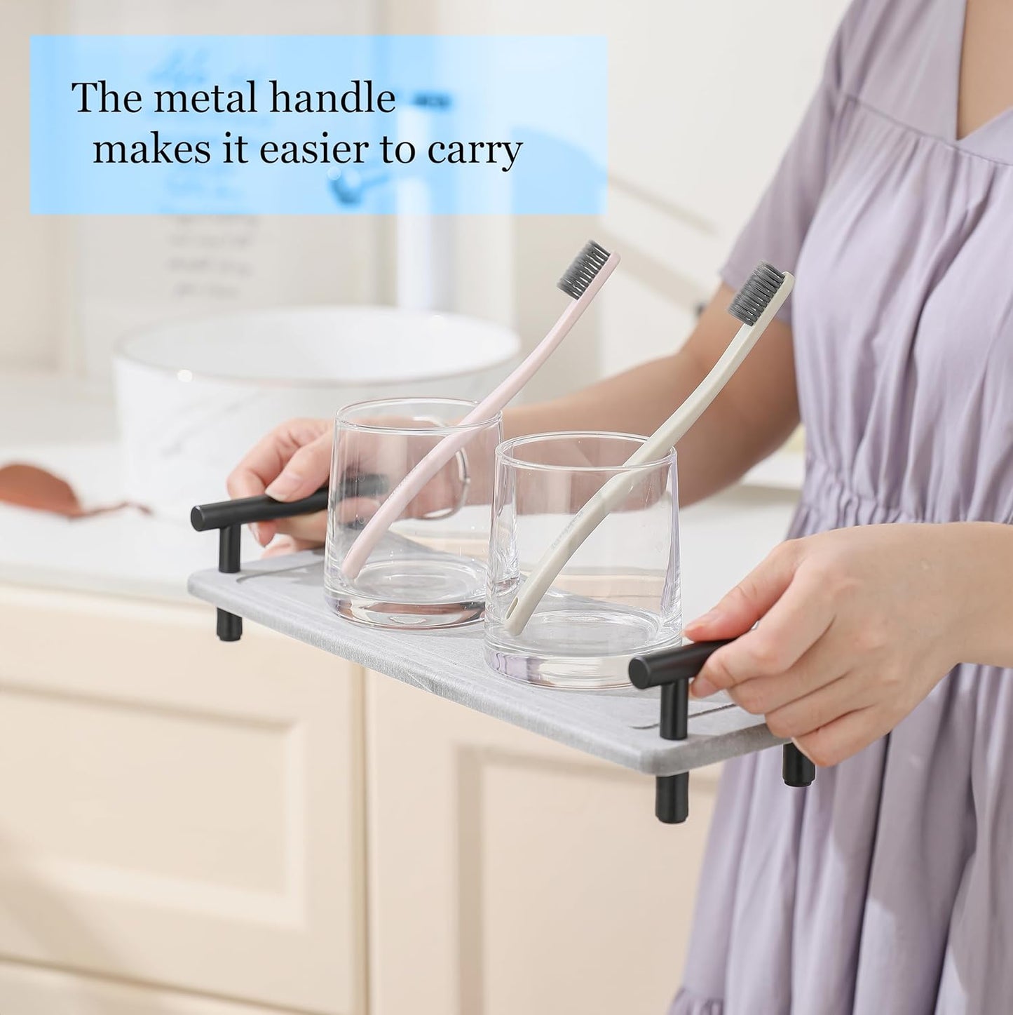 2PCS Water Absorbing Stone Tray, Instant Dry Sink Caddy, Stone Drying Tray with Black Handle, Deco for Bathroom Sink, Bathroom Small Caddy (Dark Grey & Black Handle, Small)