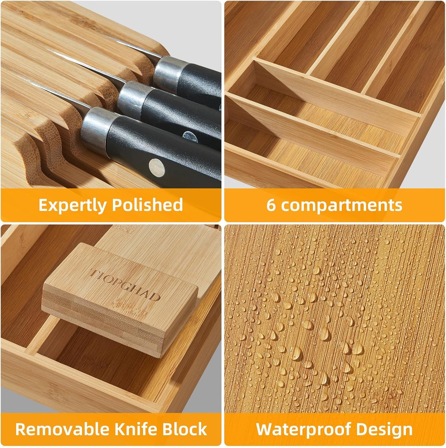 Small-Bamboo-Silverware-Drawer-Organizer, Expandable Utensil Kitchen Cutlery Tray Flatware Organization Adjustable Wood Tableware Dividers Storage (with Removable Knife Block)(Natural)