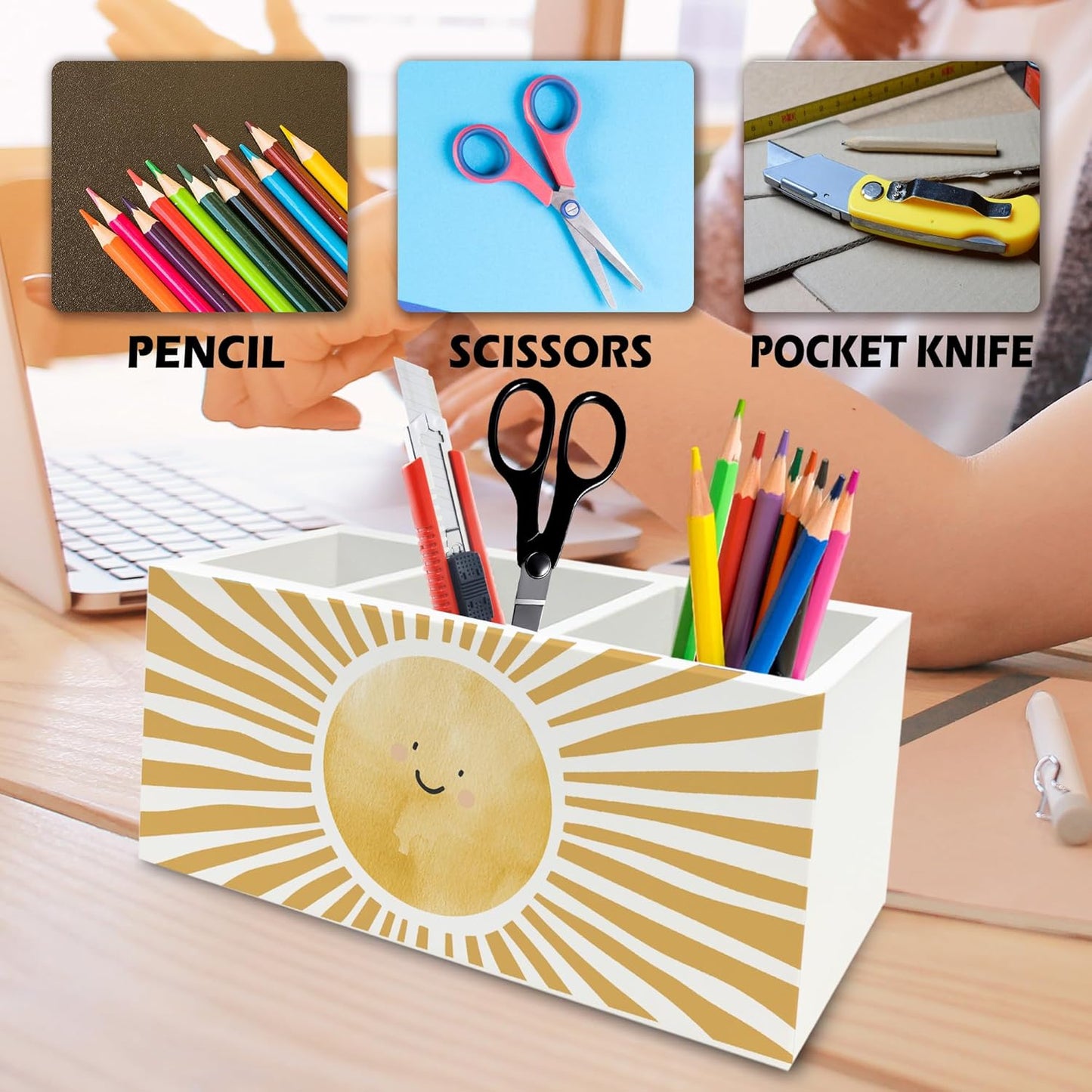 Boho Yellow Sunshine Pen Pencil Holder Organizer for Desk, Cute Smile Groovy Sun Sunshine Wooden Box Signs Decorations for Kids Room Home Classroom Desk Tabletop