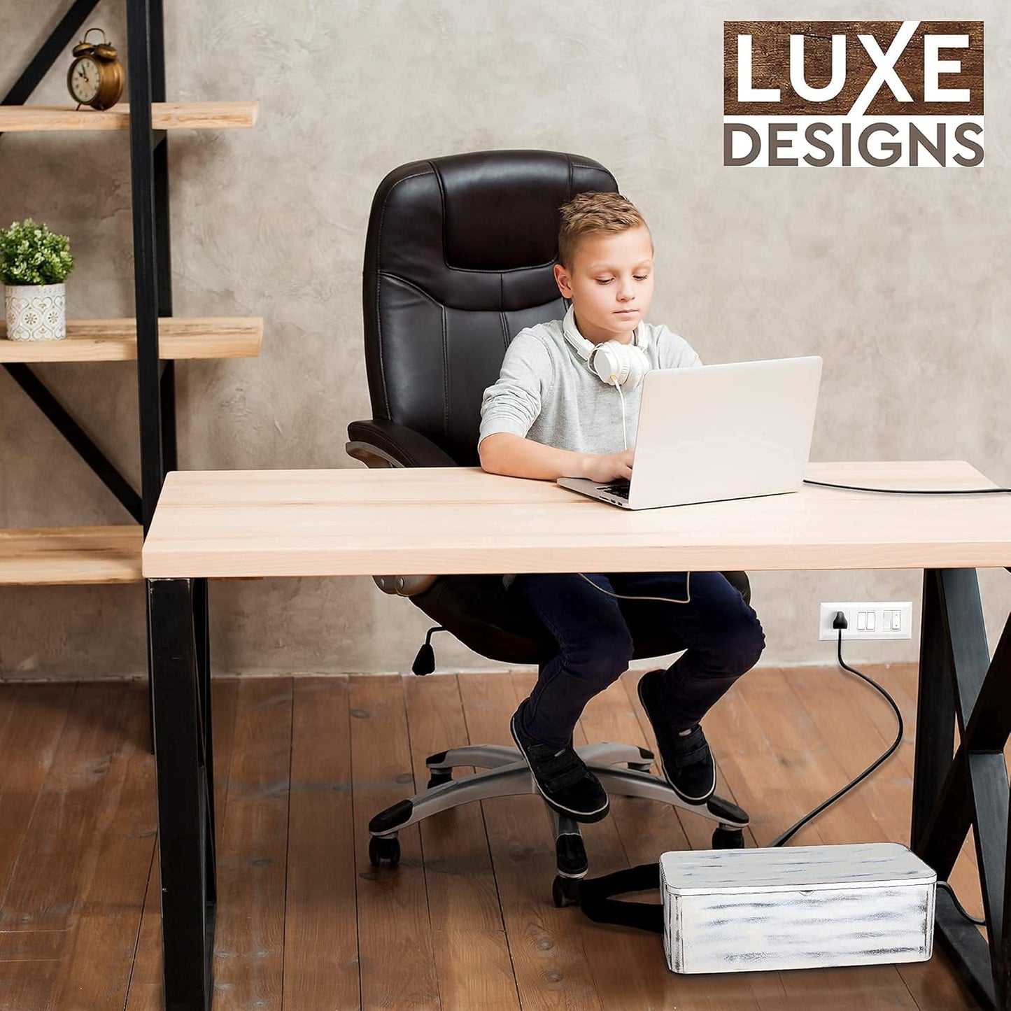 Rustic Cable Management Box & Cord Organizer- Cable Organizer for Desk, Home, Office. Hides Wires, Surge Protectors, Power Strips. Eco Friendly Mango Wood Cord Management Solution (Rustic White)