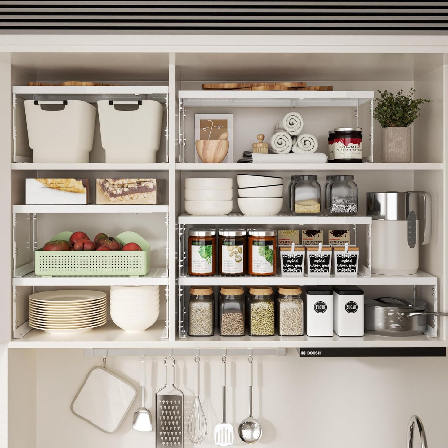 Adjustable Stackable Metal Storage Shelf Organizer - Expandable Wire Rack with Perforations for Kitchen, Pantry, Bathroom, Cabinet & Office-Compact, Durable & Sturdy (1PACK/Large/White)