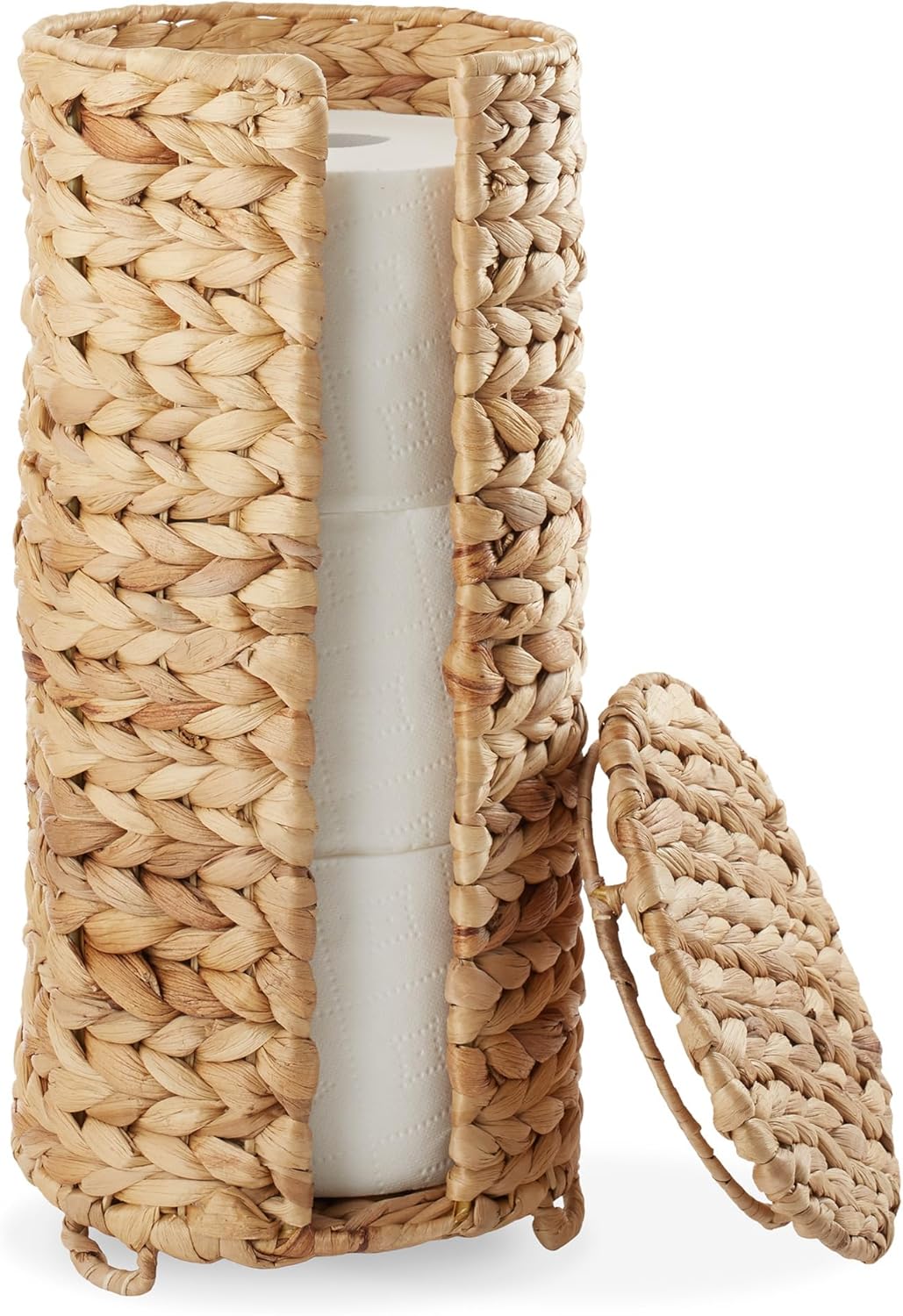 Casafield Free Standing Toilet Paper Storage Roll Holder with Lid - Natural, Fits 3 Rolls, Water Hyacinth Bath Tissue Organizer for Bathroom