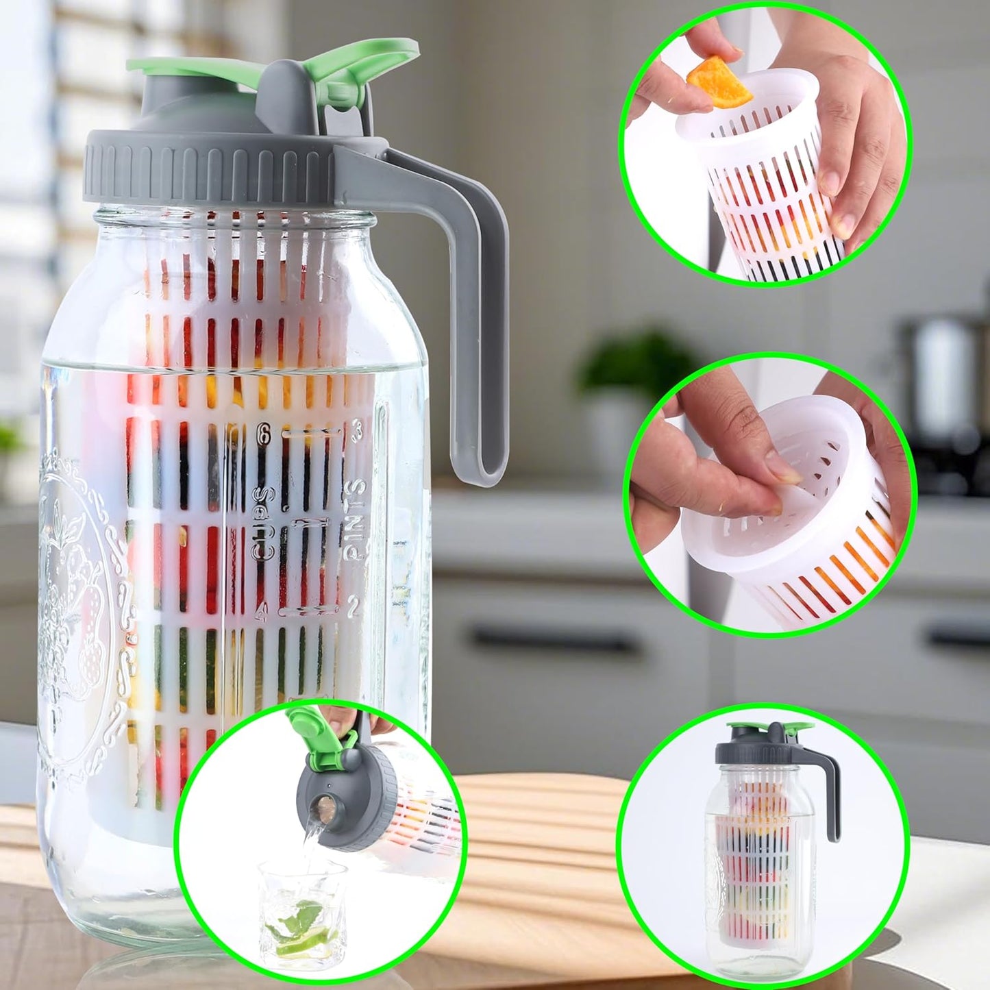 2 Quart Glass Mason Jar Water Pitcher With Fruit Infuser 64 Oz Wide Mouth Infused Cold Hot Water Jug Carafe With Lid Half Gallon For Coffee Sun Tea Lemonade Juice Homemade Drinks Container