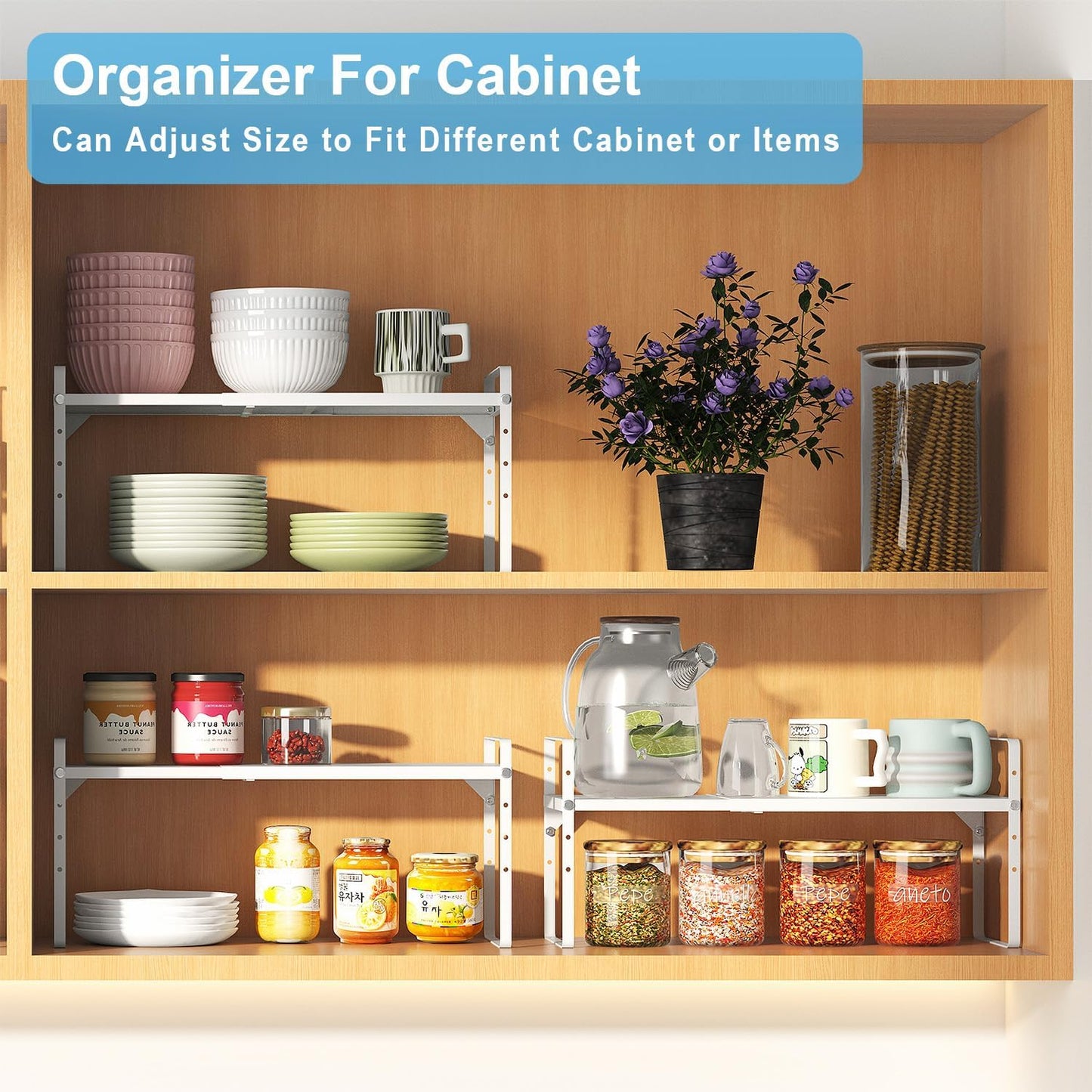 Set of 2 Expandable Cabinet Shelf Organizer, Stackable Kitchen Countertop Shelves Spice Racks, Small Storage Shelf For Cupboard Counter Tabletop, 30 LBS Heavy Duty, Adjustable, 11.8" to 17.7" Long