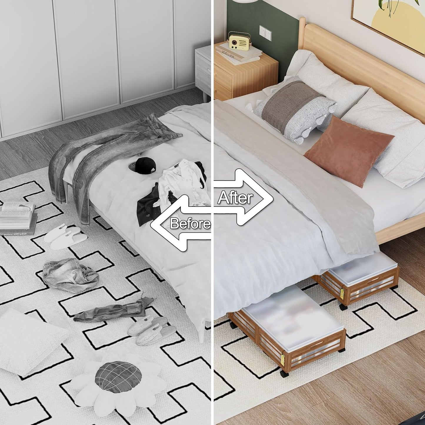 Bamboo Underbed Storage Containers with Wheels & Bag 2 Pack, Large Under Bed Rolling Storage Bins Wood Under Bed Clothes Storage Stackable Drawers for Bedroom Closet Under Crib Toy(Walnut)