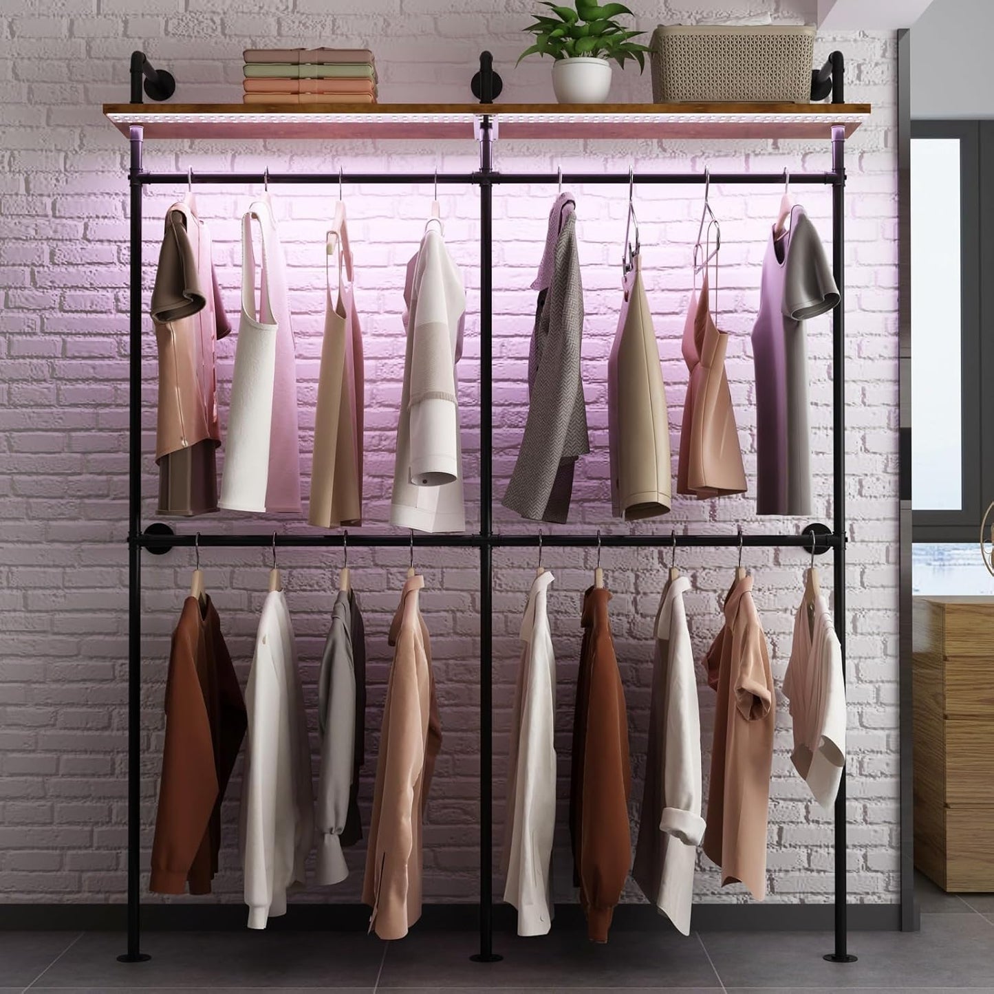 Industrial Pipe Clothing Racks with Shelves & LED Lights, 79" Wall Mounted Clothes Rack for Hanging Clothes, Heavy Duty Industrial Pipe Shelving for Walk-in Closet Storage, Black