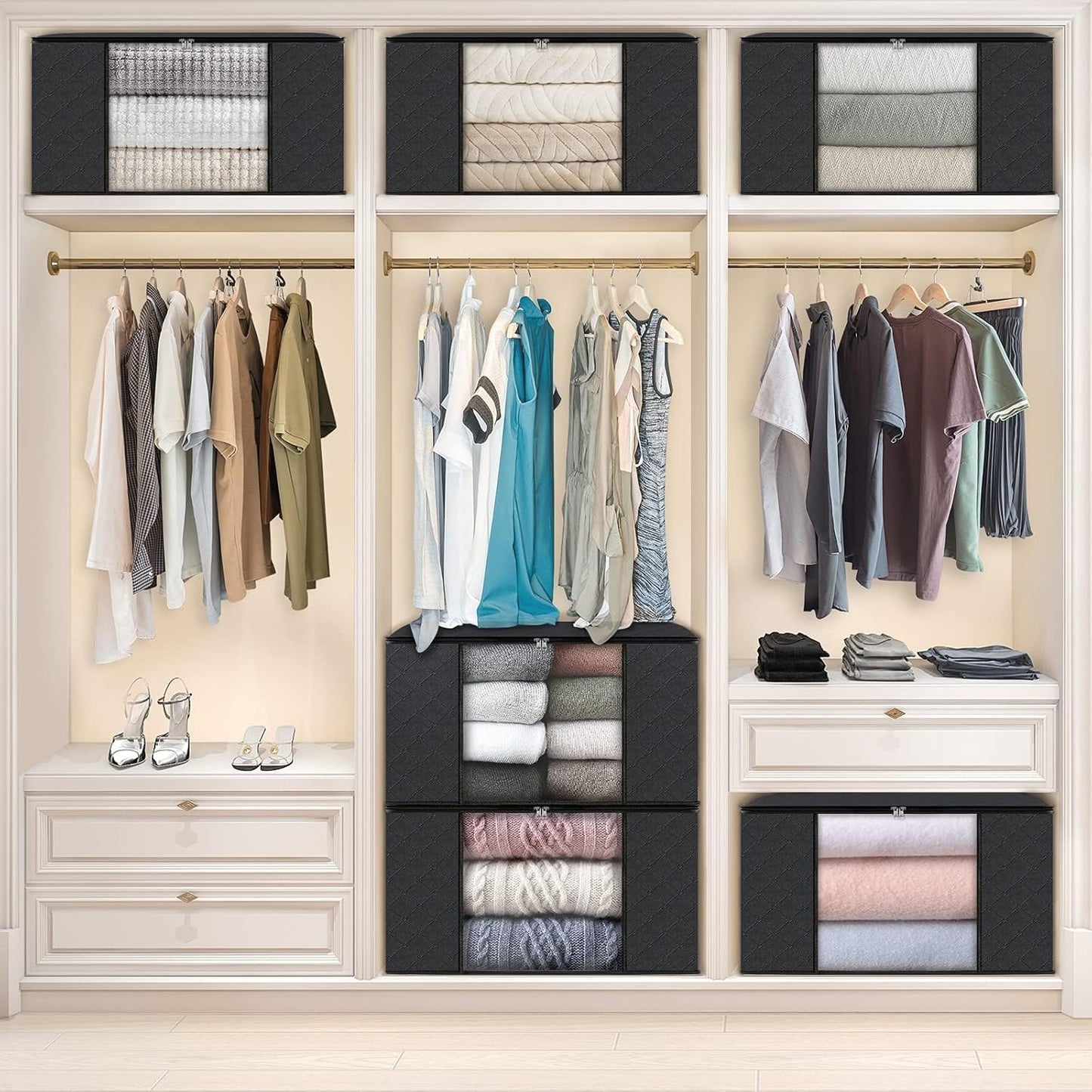 Fab totes 10 Pack Clothes Storage, Foldable Thick Fabric Blanket Storage Bags, Containers for Organizing Bedroom, Closet, Clothing, Comforter,Closet Organization with Handle,Black