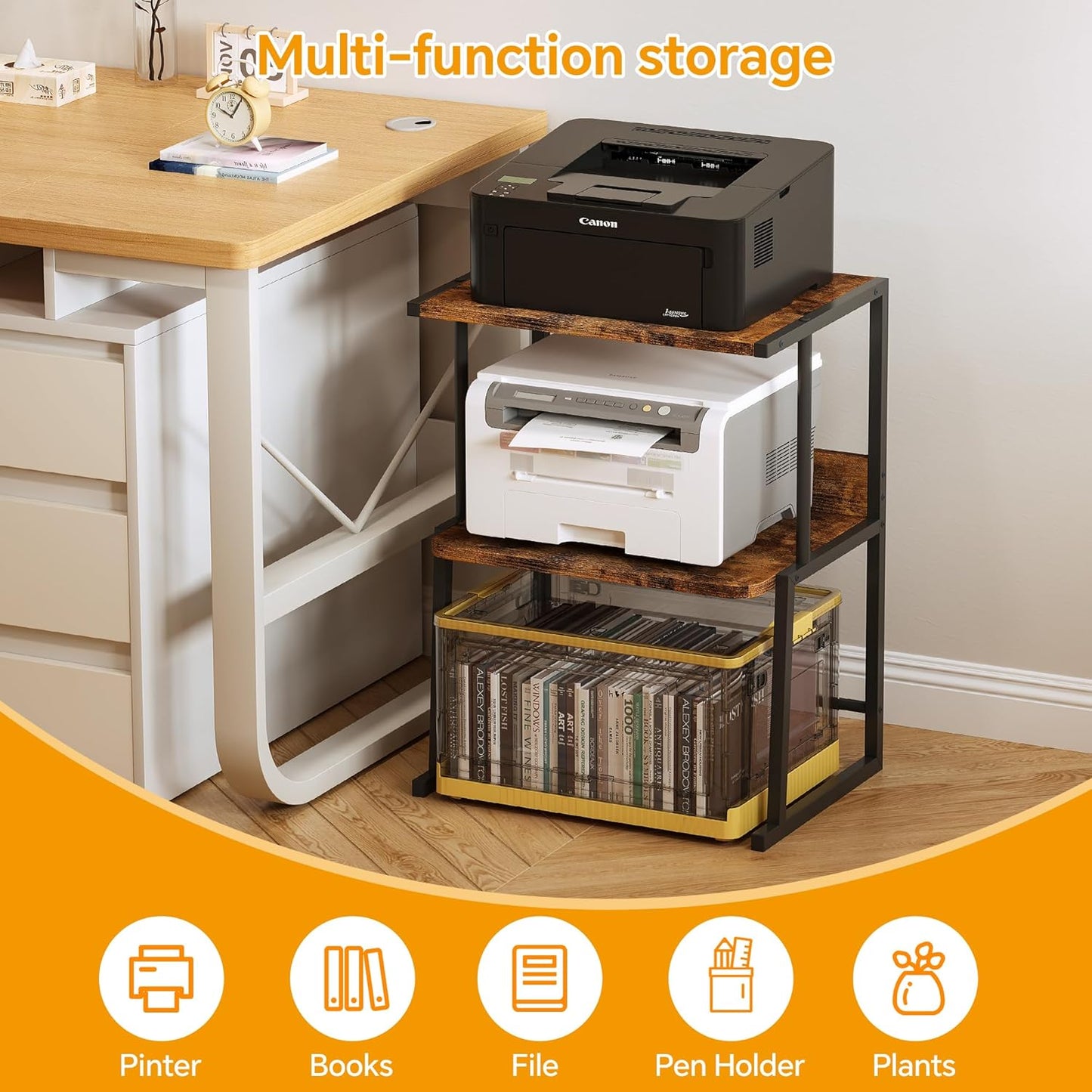 Homeiju Printer Stand for Desk with Storage, 3-Tier Shelves Organizer with Wood Top, Heavy Duty Metal Frame for Home Office, Holds Printer, Books, Supplies, Rustic Brown