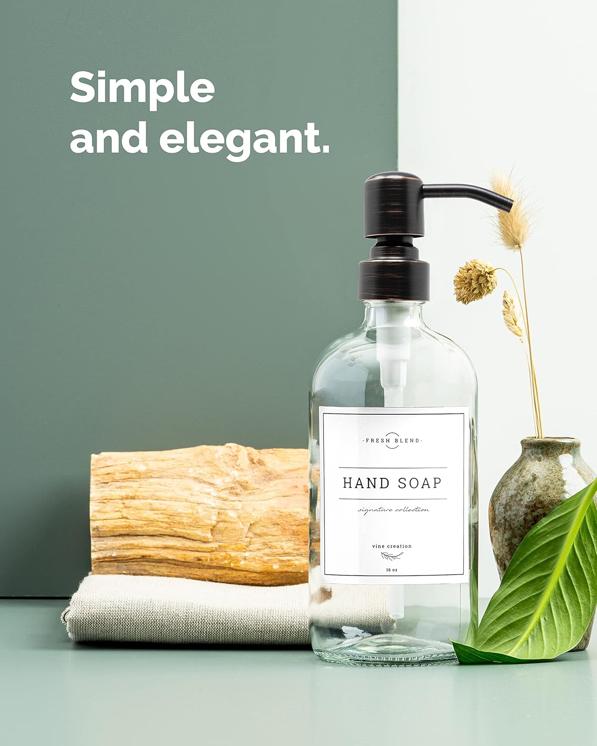 Vine Creations Clear Glass Soap Dispenser, 2 Pack Kitchen Soap Dispenser Set with Stainless Steel Pump, 16 oz Dish Soap and Hand Soap Dispensers for Bathroom with Waterproof Labels