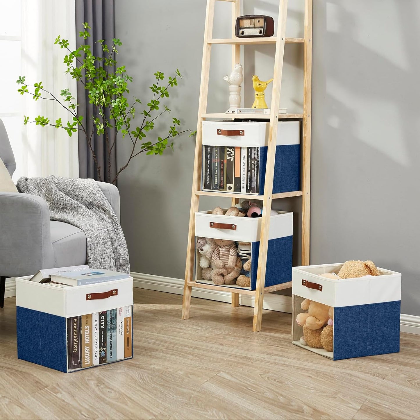Storage Cubes, 4 Pack Linen Foldable Storage Bins (13 x 13 inch) with Clear Window and Handles, Fabric Organizer for Shelf Closet, Clothes, Books - (Navy Blue and White)