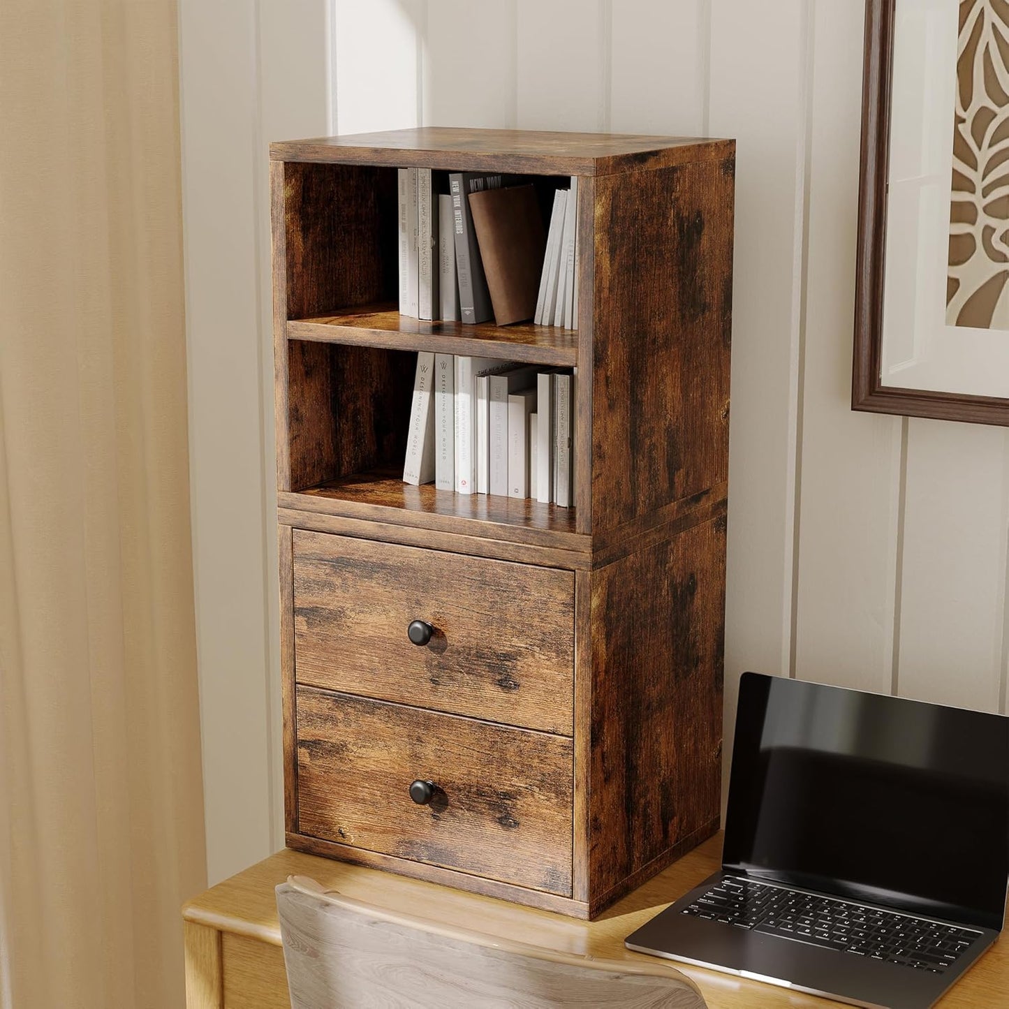 FUSUNBAO Magic DIY Cube Storage Organizer Stackable Cubes for Home Books Clothes Toy-Modular Cubby Storage System-Office Cubical-Bookcase Closet (Antique Brown, Drawer Cube)