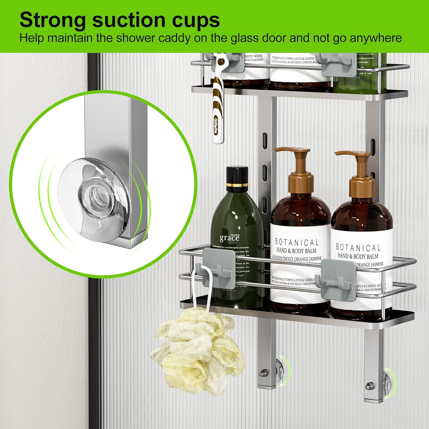 Orimade Adjustable Hanging Over the Shower Door Caddy with Hooks, Bathroom Organizer Shelf Storage Rack,No Drilling Rustproof Basket for Inside Shower, Sliver 3 Tier