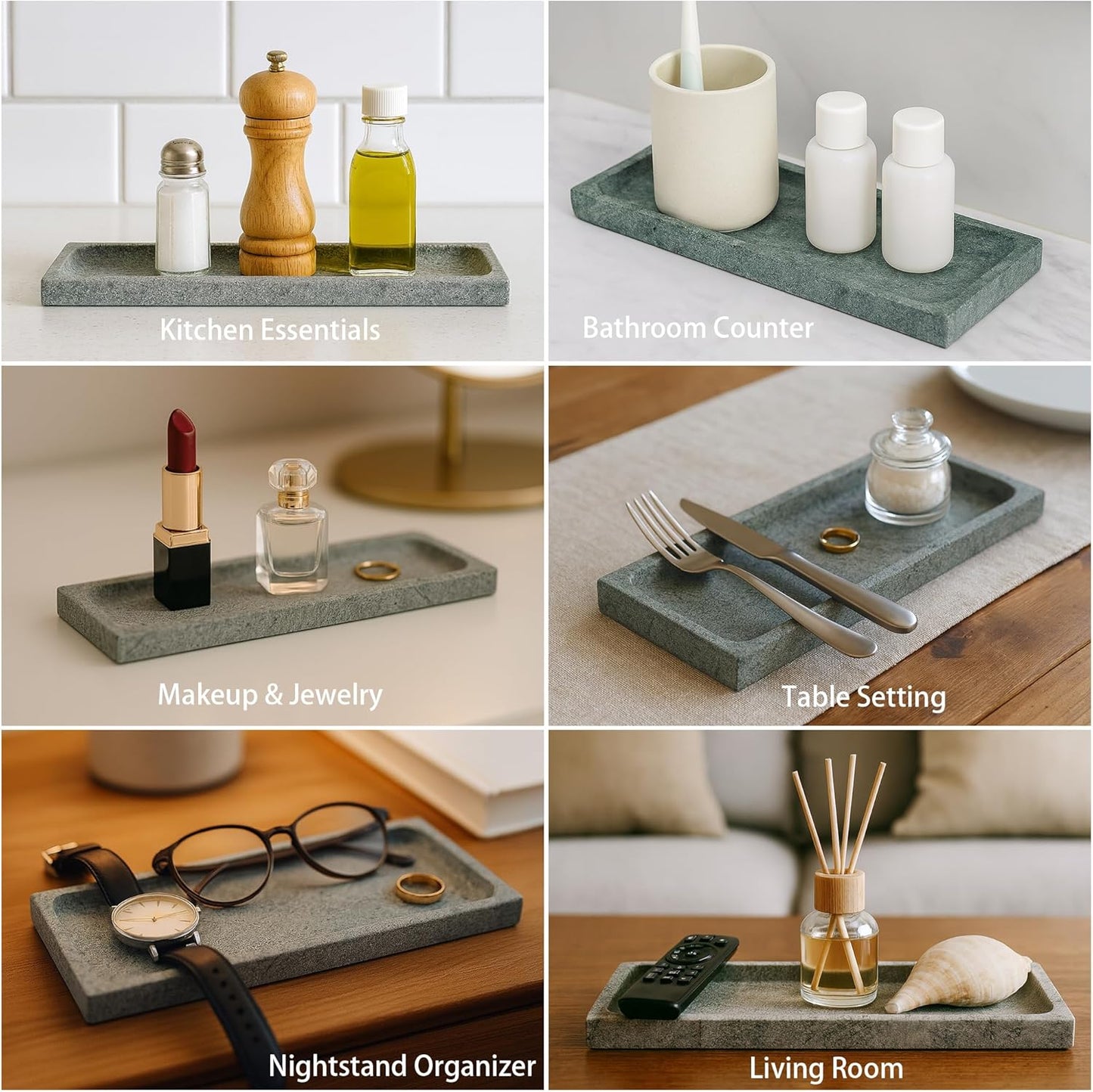 Green Marble Tray for Bathroom Countertop - Rectangular Natural Stone Organizer with Sandblasted Finish, Catchall Vanity Tray for Dresser, Entryway, Makeup & Jewelry | 10.6"x3.5"