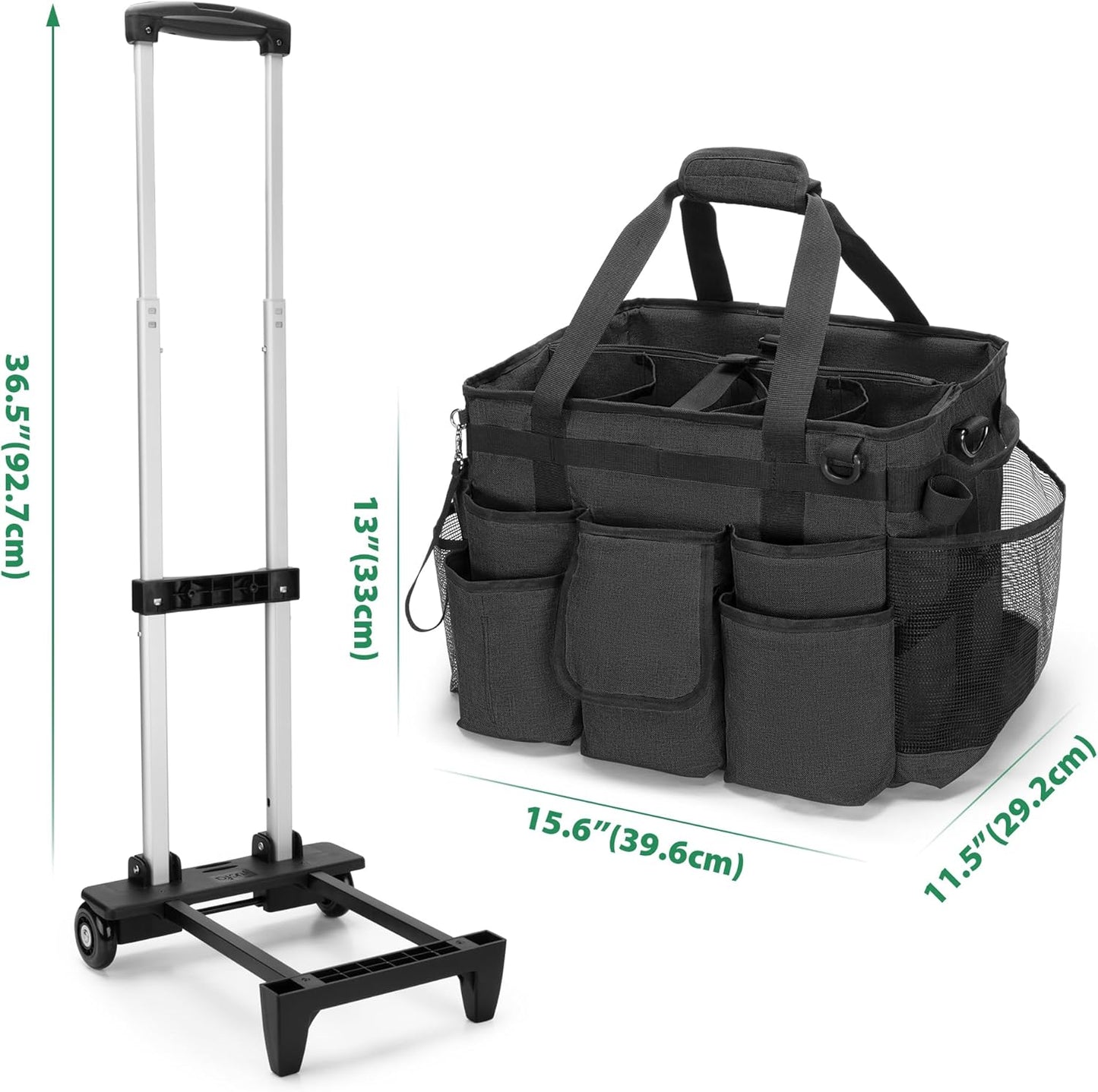 LoDrid Rolling Cleaning Bag with Detachable Trolley, Portable Cleaning Cart on Wheels for Supplies, Professional Caddy with Shoulder Strap for Housekeepers, Black (Patent Design)