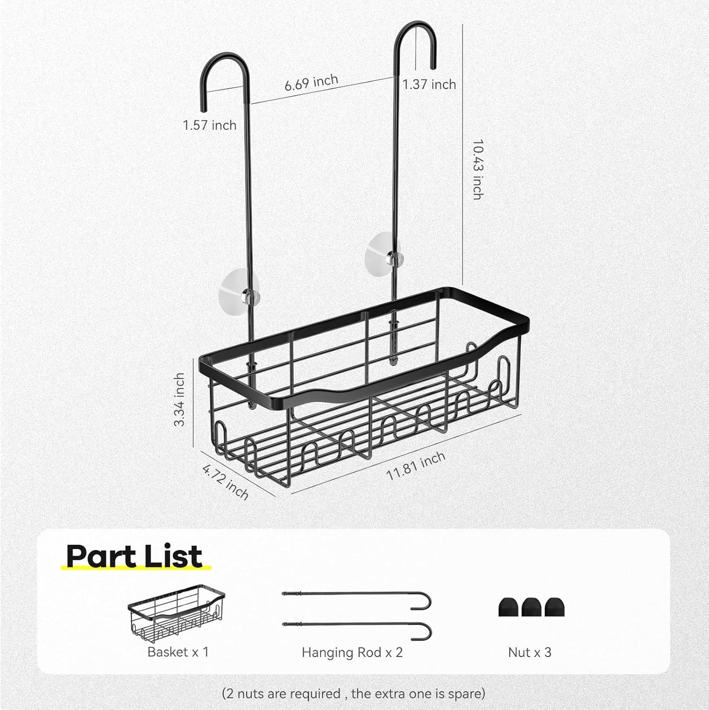 BYT Shower Caddy Hanging, Organizer Hanging for Bathroom, Shower Basket with Hooks, Shower Storage, Shelf, Rack No Drilling for Faucet or Cross Bar (Black)