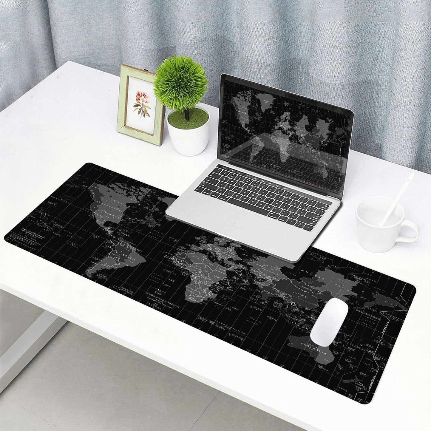 Large Gaming Mouse Pad with Stitched Edges, Desk Mat Extended Keyboard Pad, Non-Slip Rubber Base Desk Pad for Laptop, Office, Home, 31.5X11.8 inch Black World Map