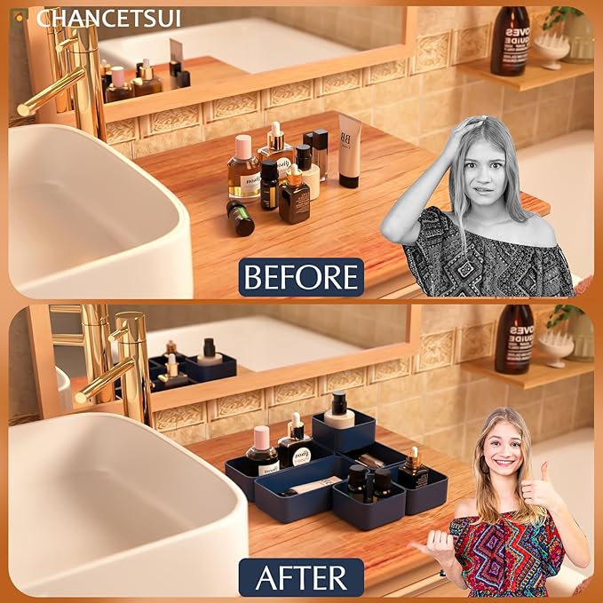 6 Pcs Stackable Drawer Organizer Set Desk Drawer Dividers, Bathroom Vanity Cosmetic Makeup Trays , Multipurpose Plastic Storage Bins for Jewelries, Kitchen Gadgets and Office Accessories, Blue