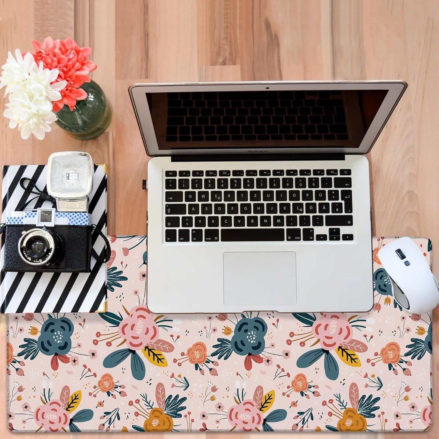 Gaming Desk Pad Large Extra Length Hand Drawn Floral Mouse Pad Keyboard Laptop Non-Slip Waterproof with Rubber Base Thick Stitched Edge Mouse Mat for Office Home 35.4 x 15.7 Inches