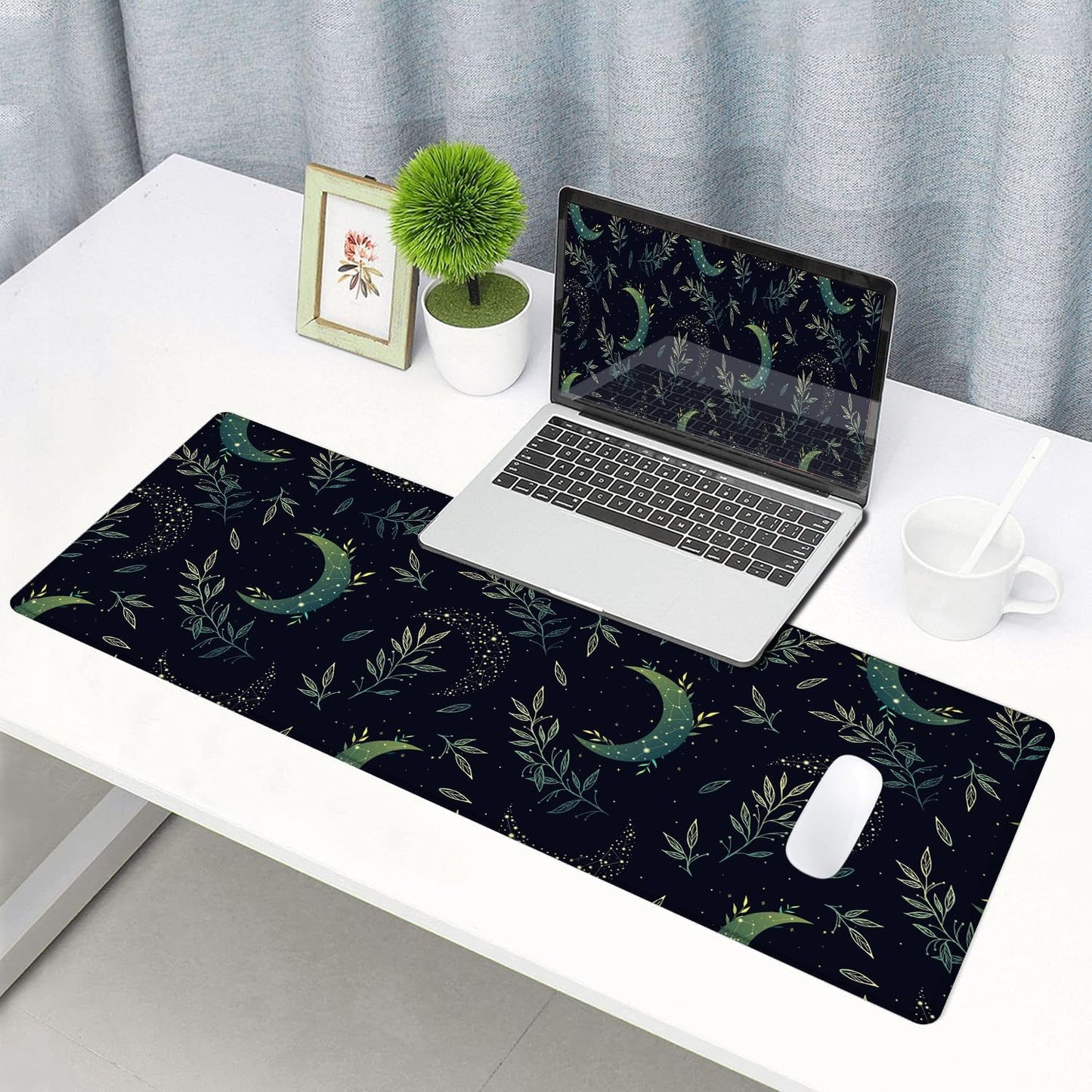 Gaming Mouse Pad, XXL Extended Computer Keyboard Long Mouse Mat, Large Desk Pad for Office Laptop, Non-Slip Rubber Base with Stitched Edge Mousepad, 31.5X11.8 inch Black Boho Magic Moon