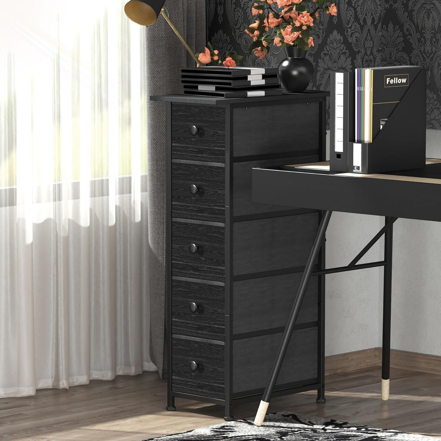 GiftGo Narrow Dresser Vertical Slim Dresser Chest of Drawers Skinny Storage Tower for Small Spaces Gaps Closet Bedroom Bathroom Small Fabric Drawer Unit (Charcoal Black, 5 Drawers)