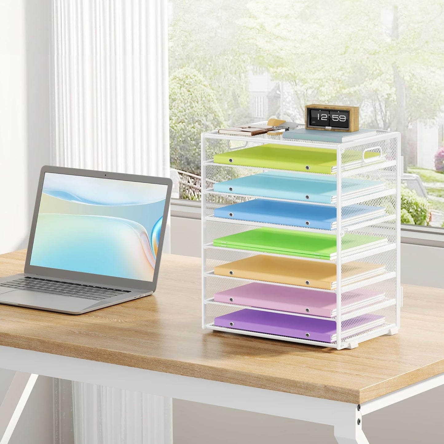 8 Tier Paper Organizer with Handle, Metal Mesh Desk File Organizer, Large Capacity Desk Organizers Paper Letter Tray Desktop Document Sorter for Office, Home or School - White
