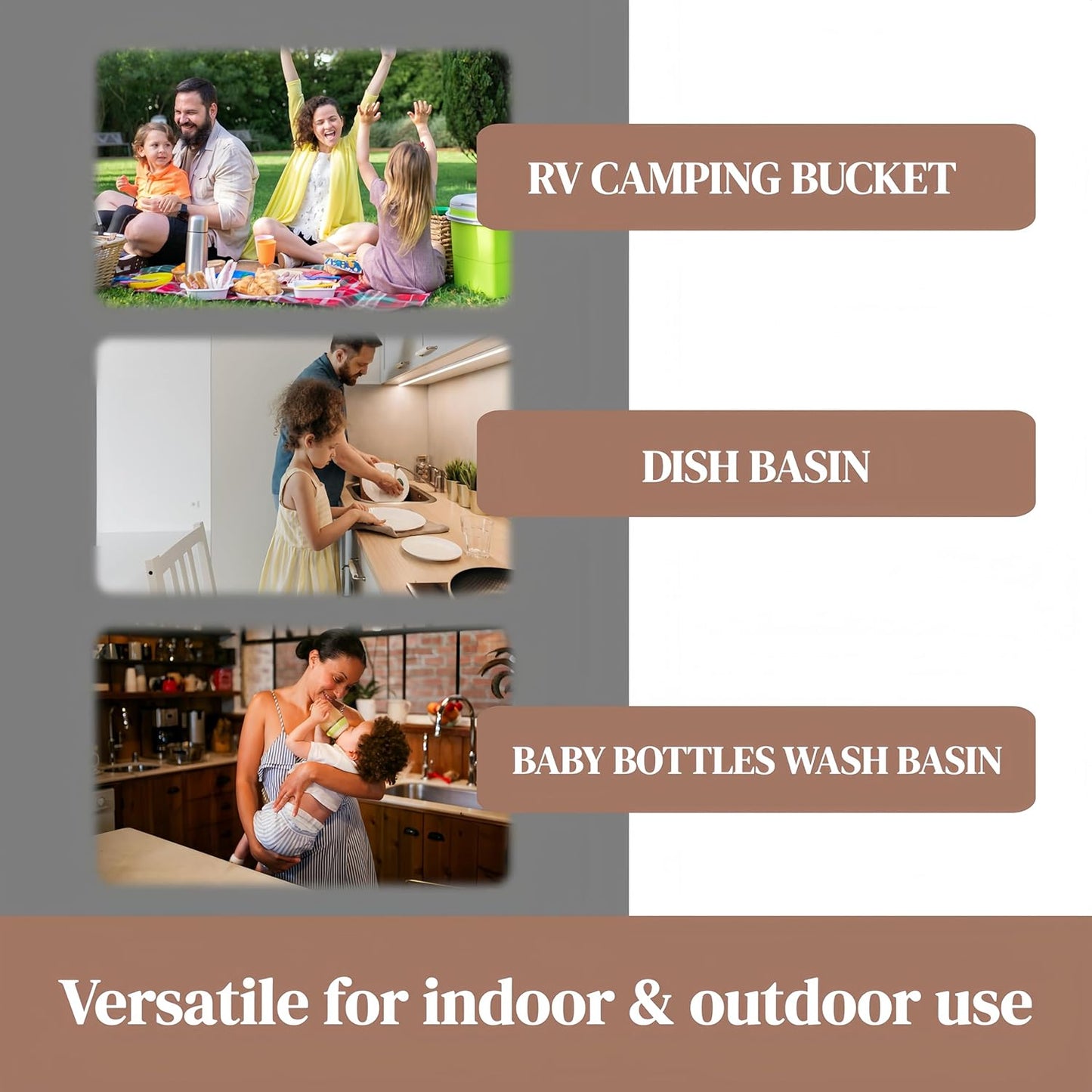 Collapsible Wash Basin for Baby Bottles - 2.4 Gallons Portable Wash Bin for RV Camping Sink, Space-Saving Dish Tub (Mocha)